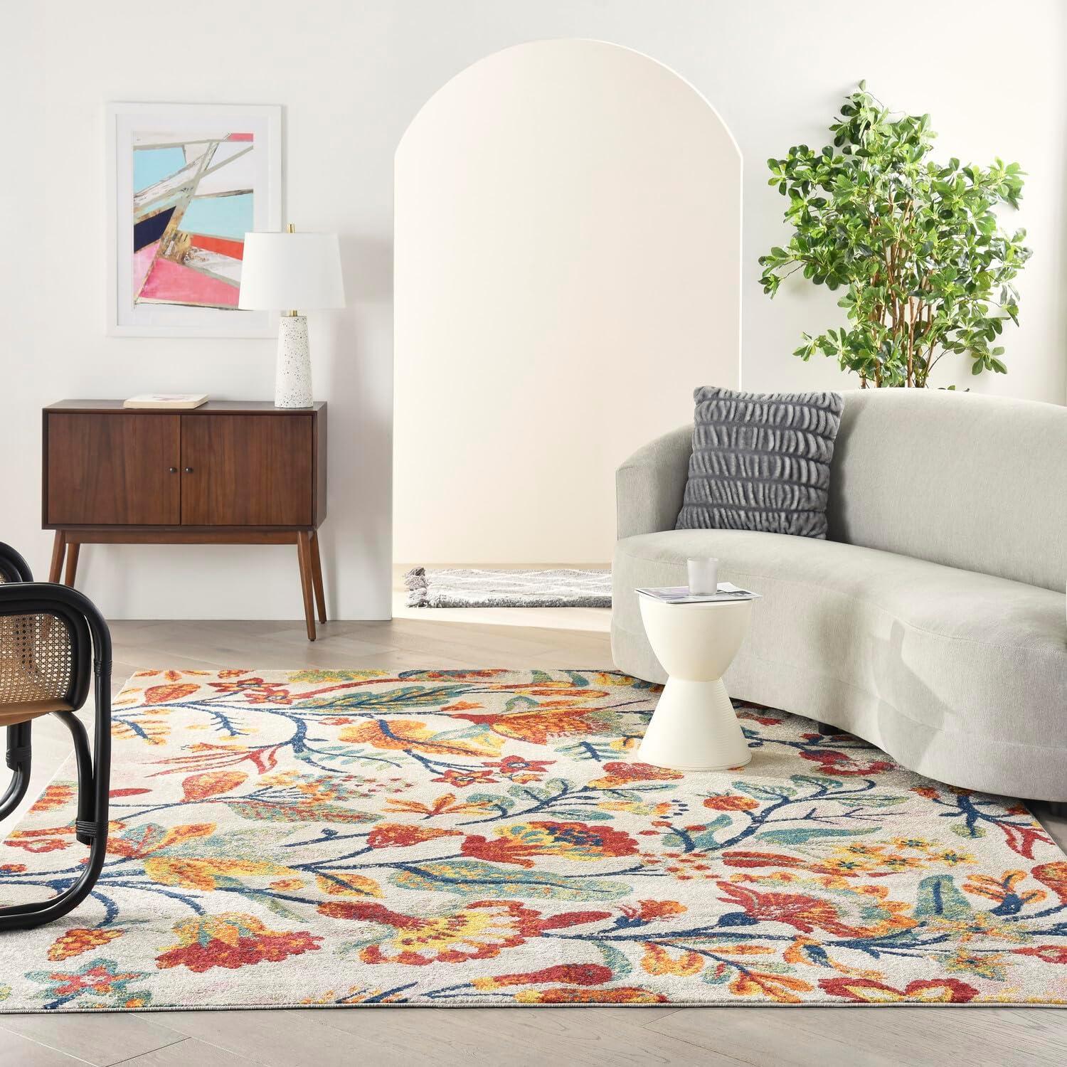 Ivory Multicolor Floral 9' x 12' Synthetic Area Rug