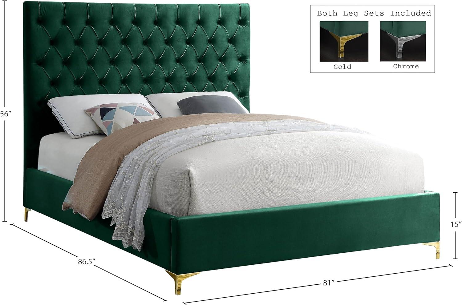 Meridian Furniture Cruz Solid Wood Tufted Velvet King Bed in Green