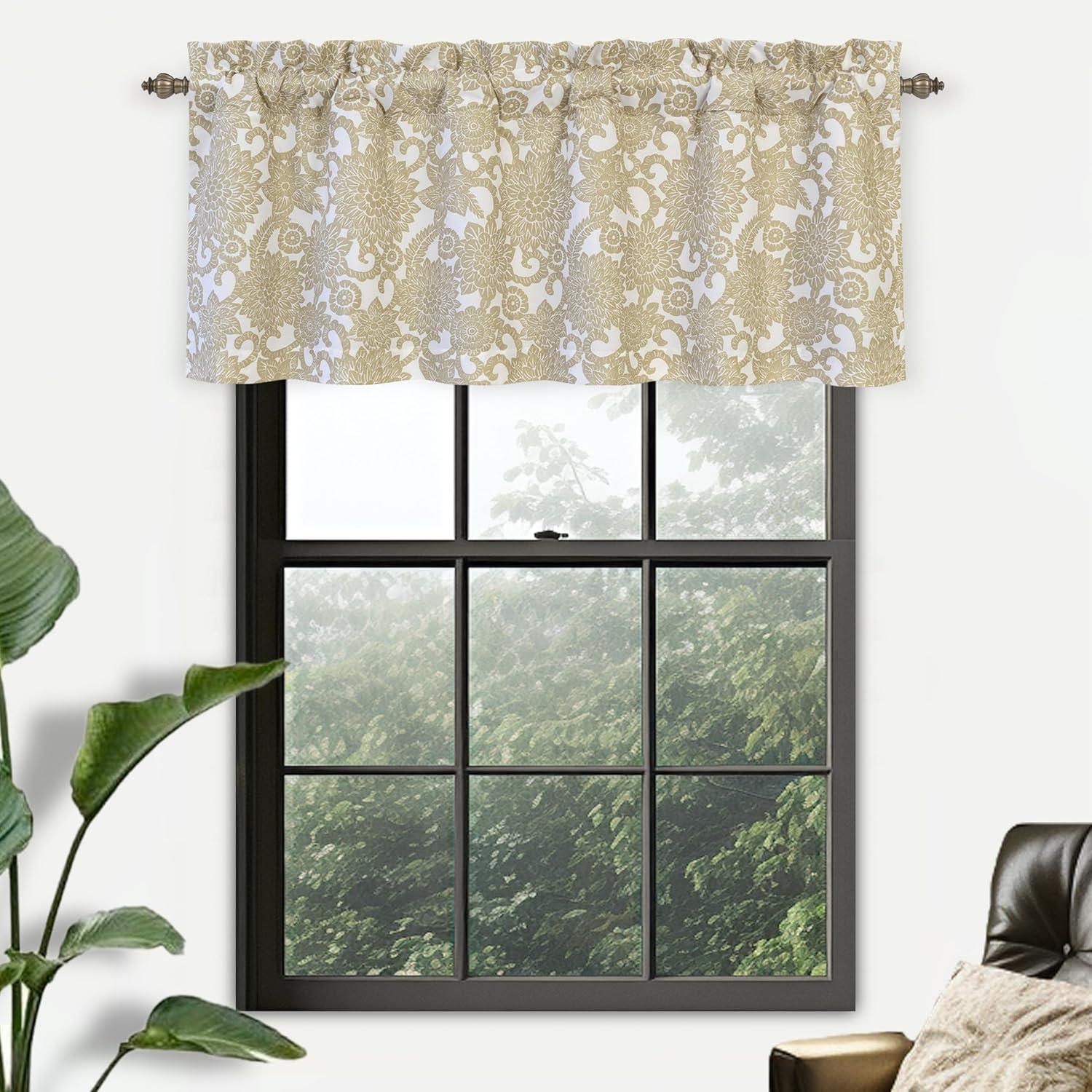 DriftAway Daisy Dahlia Blooming Flower/Floral Lined Thermal Insulated Energy Saving Window Curtain Valance for Living Room/Bedroom/Kitchen, 2 Layers, Rod Pocket, 52"x18"+2’’Header (Navy)