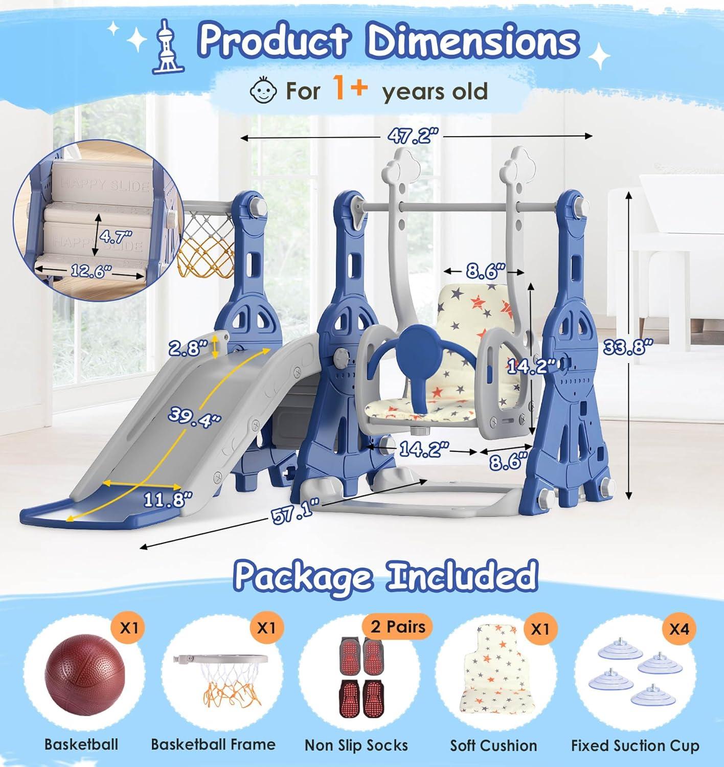 BIERUM 4 in 1 Toddler Slide and Swing Set, Kid Slide for Toddlers Age 1-2, Baby Slide with Basketball Hoop, Indoor Outdoor Slide Toddler Playset Toddler Playground Blue