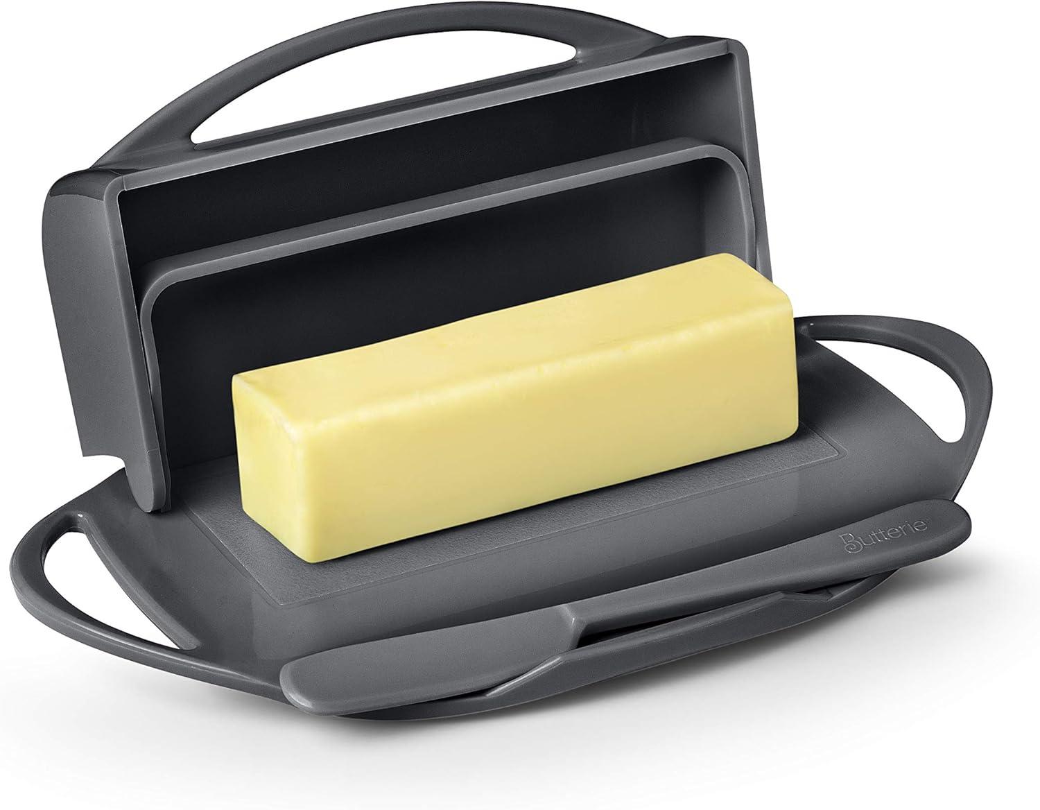 Gray Flip-Top Skid-Resistant Butter Dish with Spreader