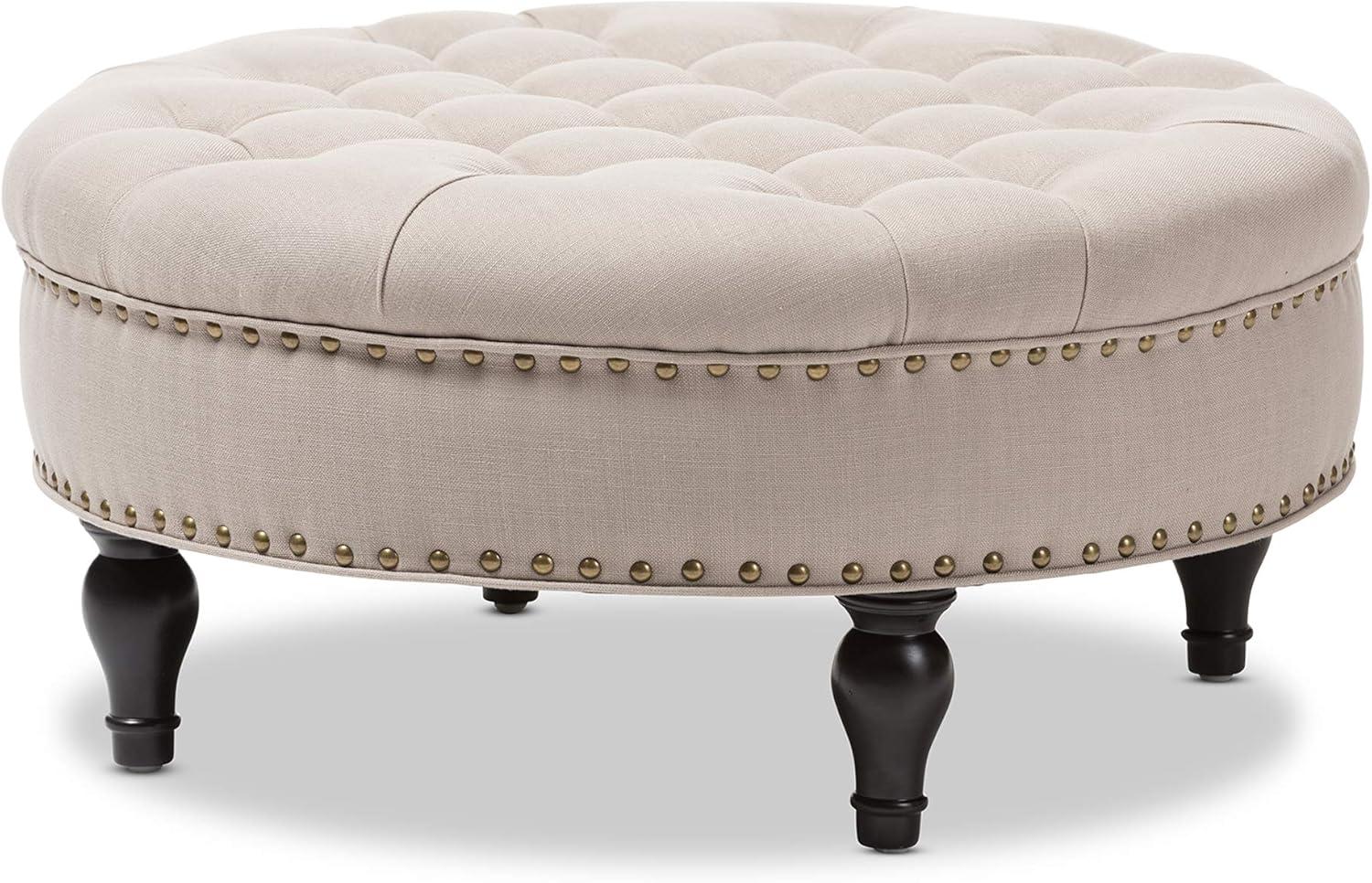 Gray Linen Tufted Round Ottoman with Brass Nailhead Trim