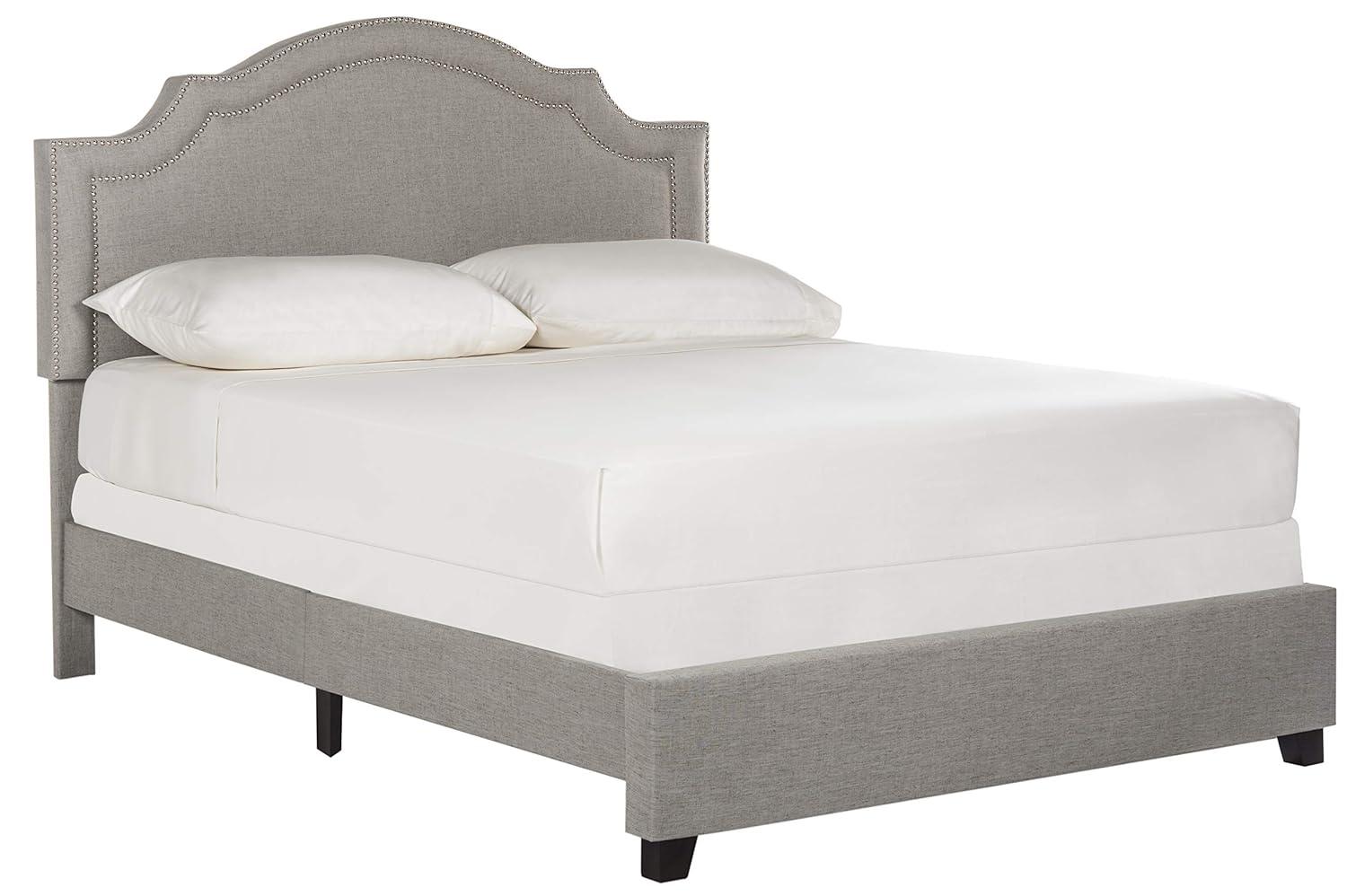 Beige Linen Upholstered Queen Platform Bed with Nailhead Trim