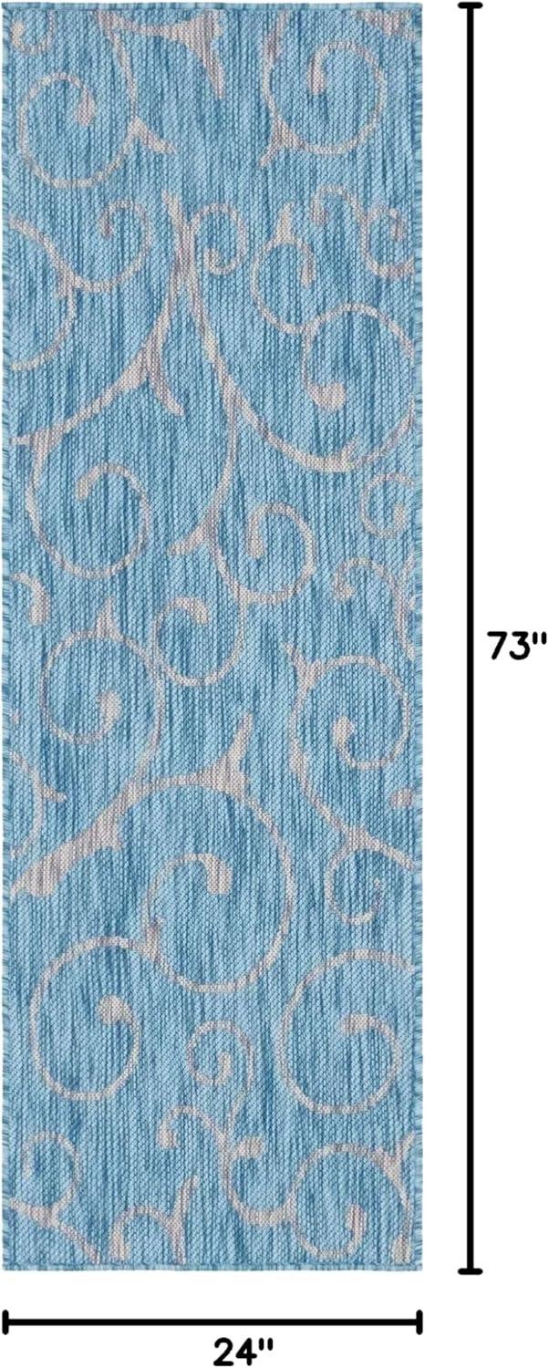 Light Aqua and Ivory Flat Woven Outdoor Runner Rug