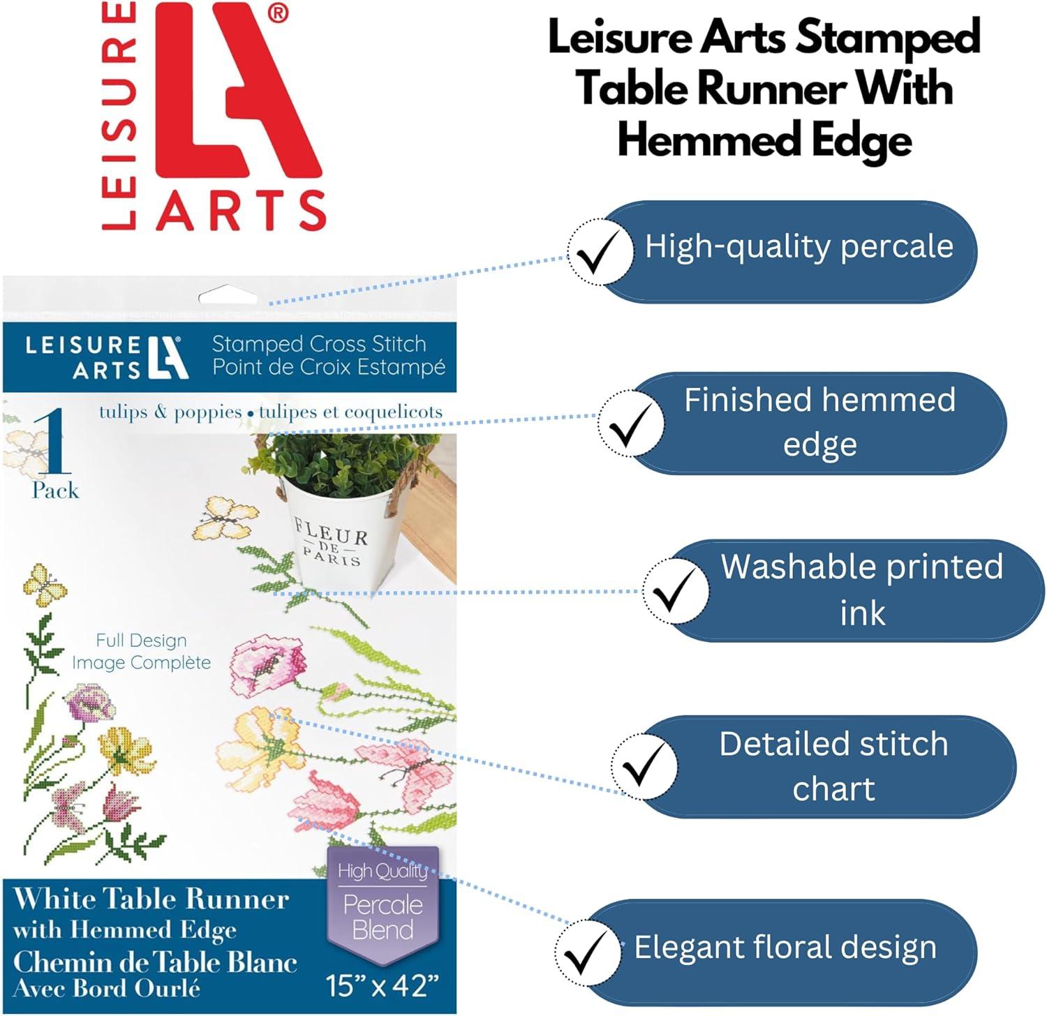 Leisure Arts Table Runner 15"X42" Tulips & Poppies, Kitchen Table Runner, Embroidery Kit, Kitchen Runner, Cross Stitch Kits For Beginners, Embroidery Patterns, Fabric