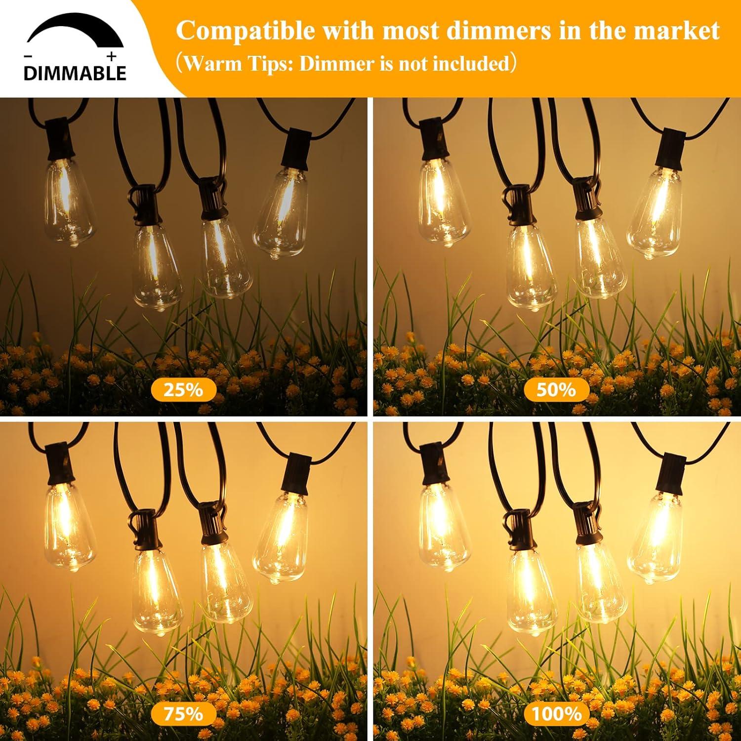 50FT Warm White LED Outdoor String Lights with Shatterproof Edison Bulbs