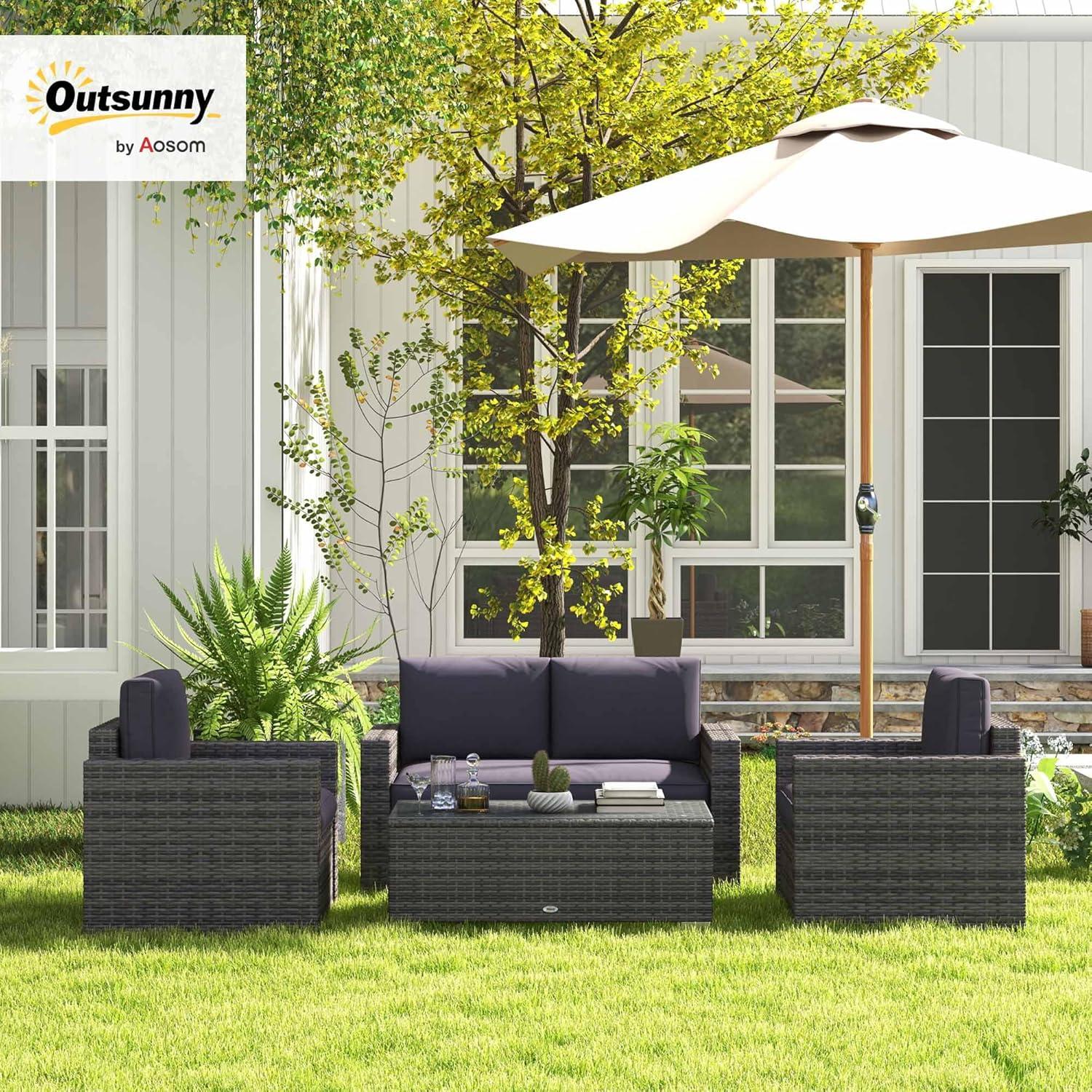 Outsunny 4-Piece Rattan Wicker Furniture Set, Outdoor Cushioned Conversation Furniture with 2 Chairs, Loveseat, and Glass Coffee Table, Gray