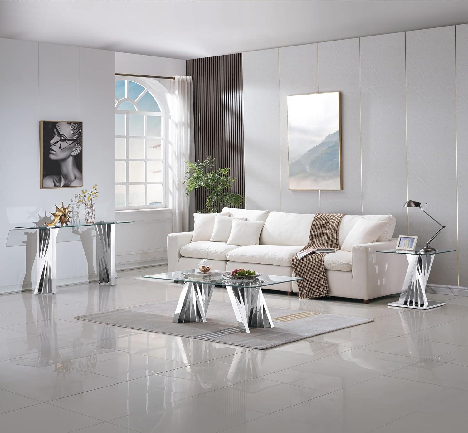 Silver Mirrored Stainless Steel and Glass End Table