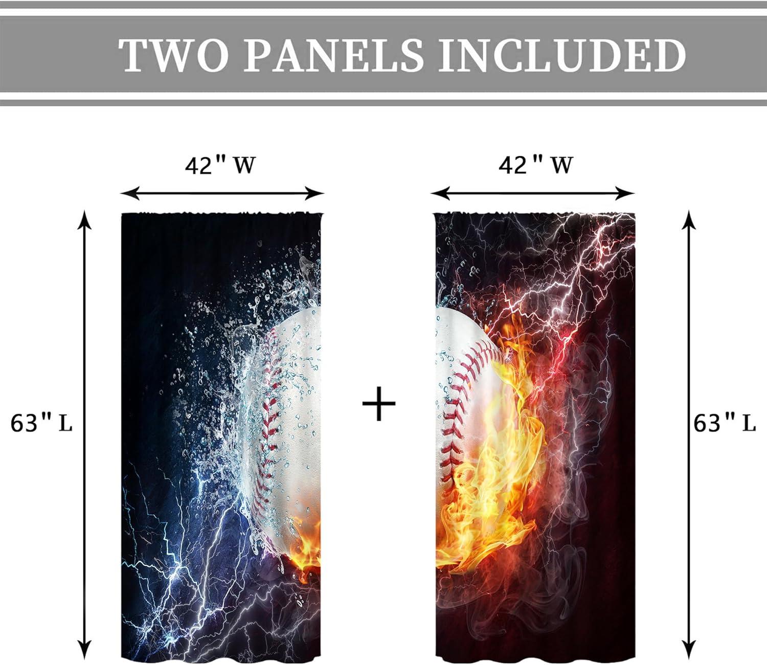 Cinbloo Baseball Curtains Sports Theme for Men 42W x 63L Inch Rod Pocket Ball in Fire Water Flame Lightening Boys Kids Bedroom Decor Art Printed Living Room Window Drapes Treatment Fabric 2 Panels