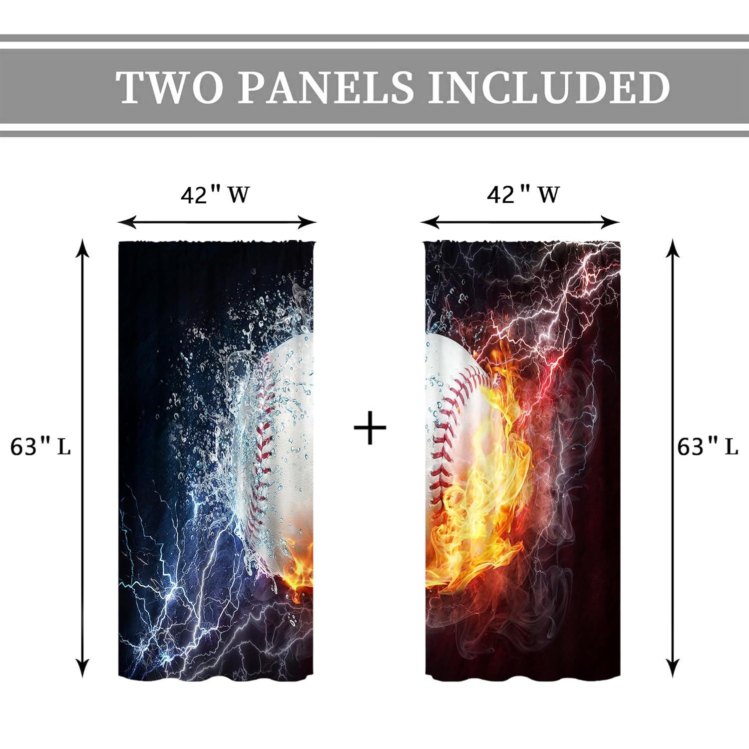 Cinbloo Baseball Curtains Sports Theme for Men 42W x 63L Inch Rod Pocket Ball in Fire Water Flame Lightening Boys Kids Bedroom Decor Art Printed Living Room Window Drapes Treatment Fabric 2 Panels