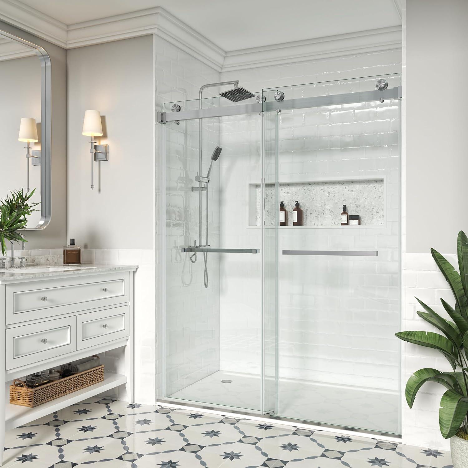 MCOCOD DS01H-7276-BR 72" W x 76" H x 2/5" THK Tempered Glass Double Smooth Sliding Frameless Shower Door with Towel Bar Handle & Knob & Anti-Collision Function
