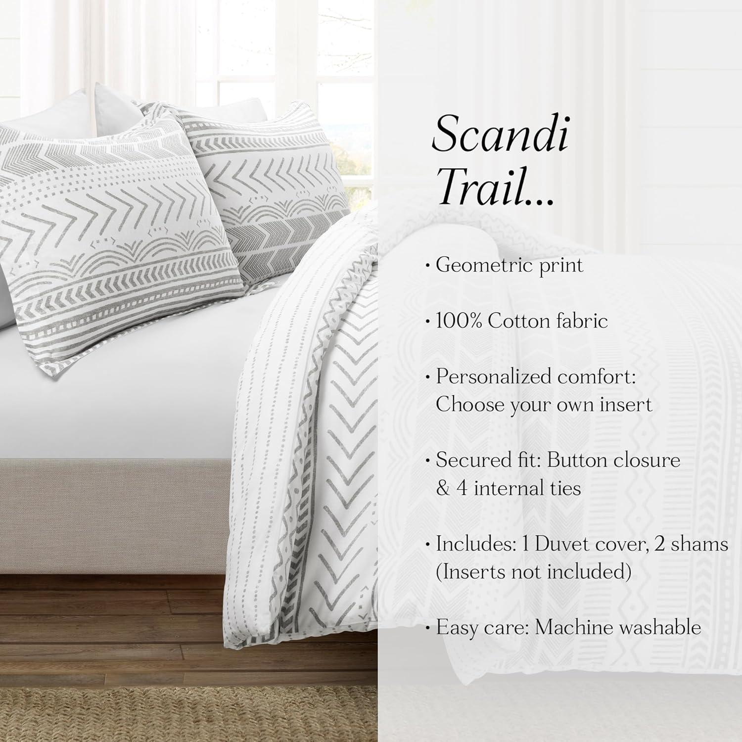 3pc King Hygge Geo Duvet & Sham Set Gray/White - Lush Décor: Cotton, Reversible, Inner Ties, 460 Thread Count