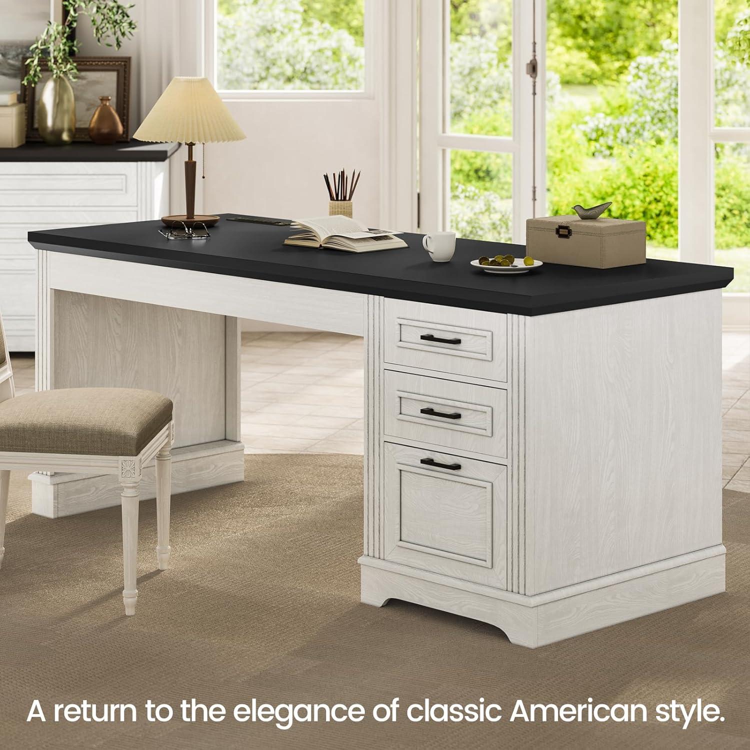 SEDETA Office Desk with 3 Drawers, 55" Executive Computer Desk with Storage Drawers, Farmhouse Desk with Power Outlet for Home Office, White