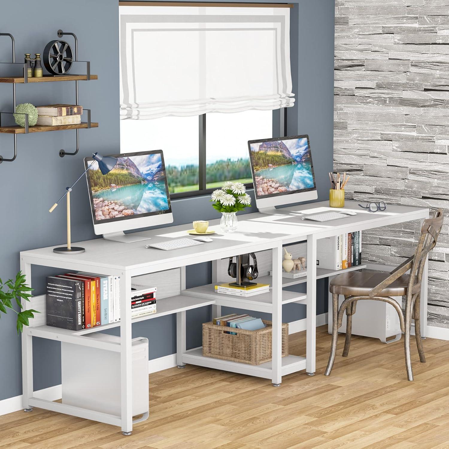 White Double Workstation Desk with Bookshelf and Storage Shelves