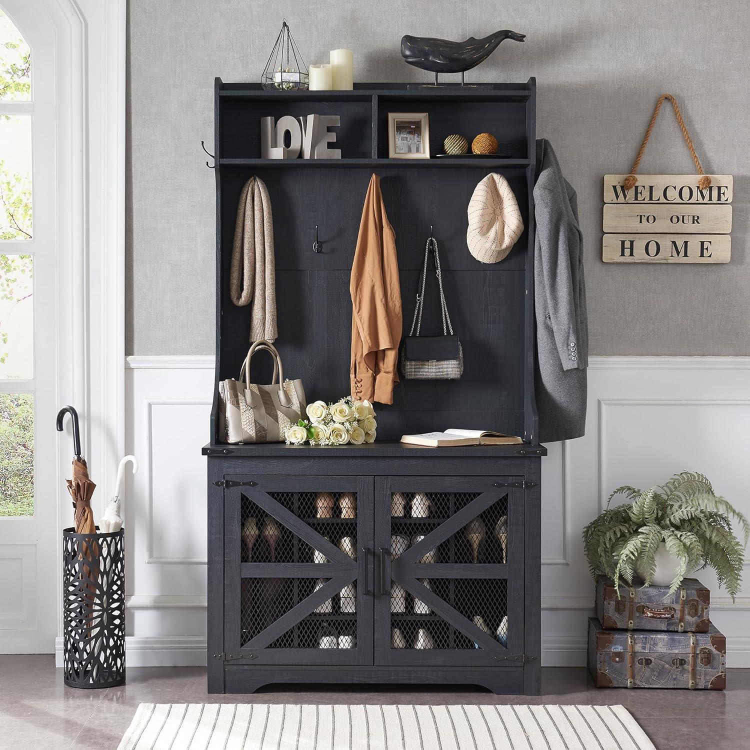 T4TREAM Farmhouse Entryway Hall Tree with Bench and Shoe Storage, Coat Rack with Coat Hooks, White