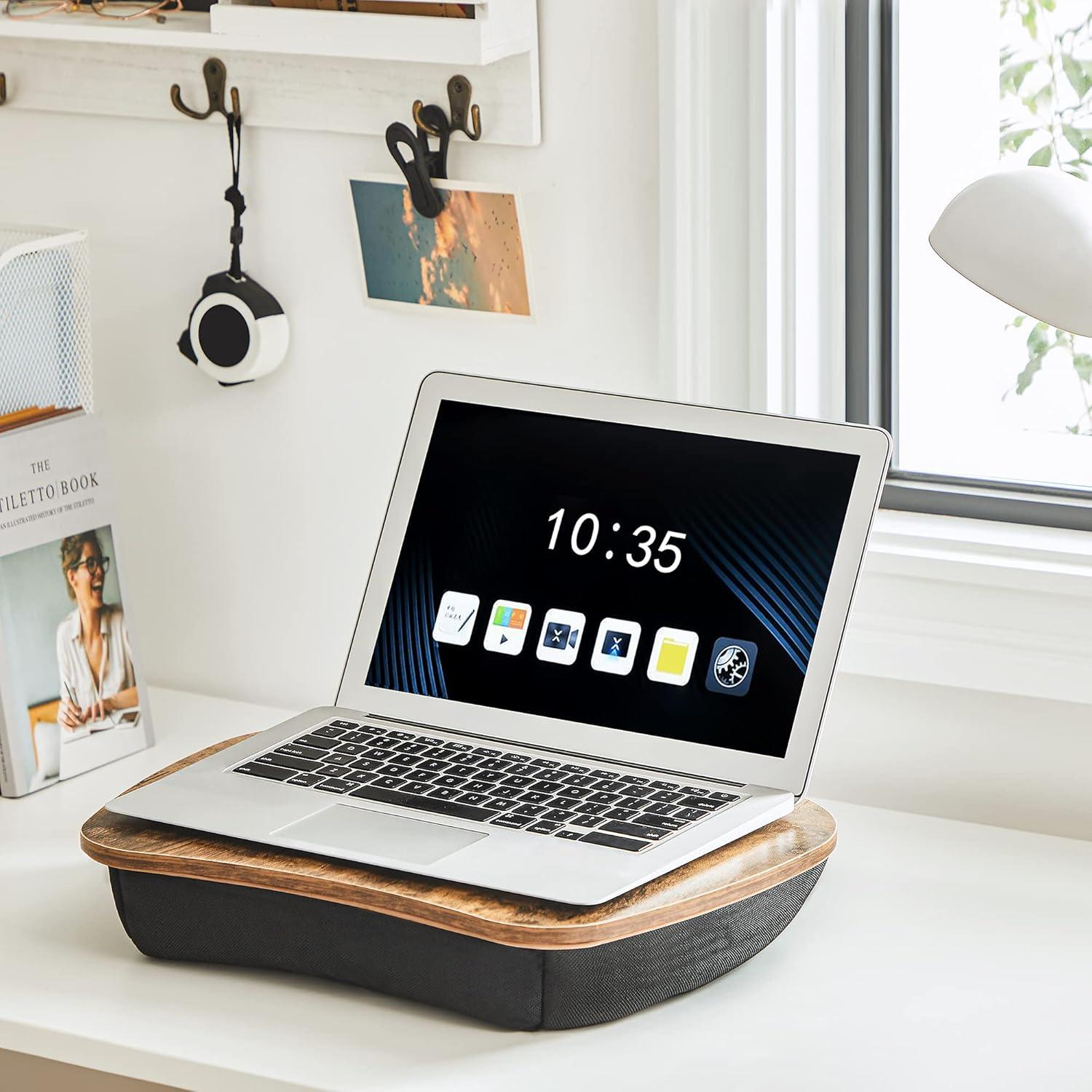 Portable Lap Desk,  Rustic Brown, Bed Tray with Handle & Cushion, Laptop Table for Comfort.