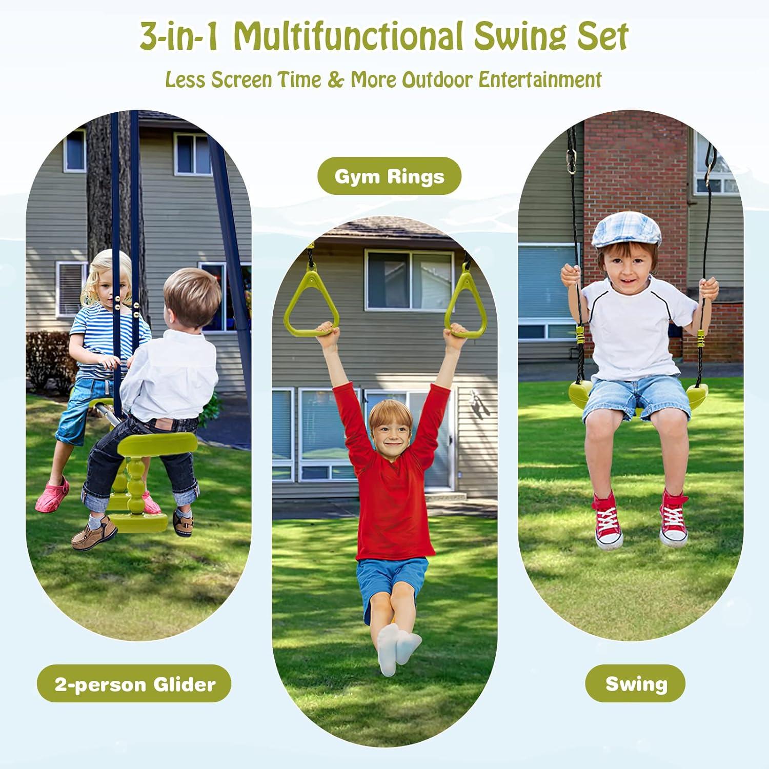 Heavy Duty 3-in-1 Metal Swing Set with Gym Rings