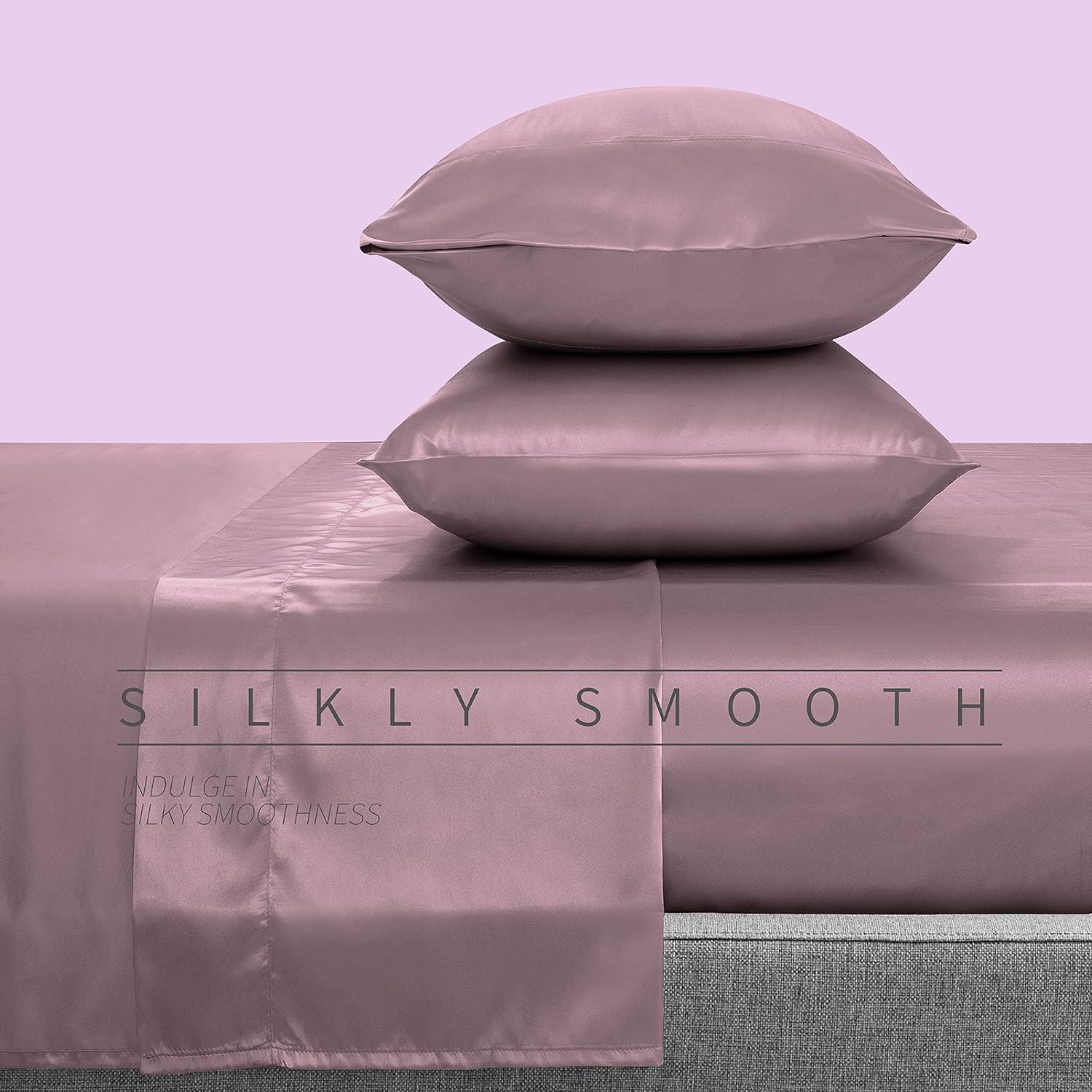 4 Pcs Smooth Satin Silk Sheet Set Deep Pocket Bed Sheet Wrinkle Fade Resistant