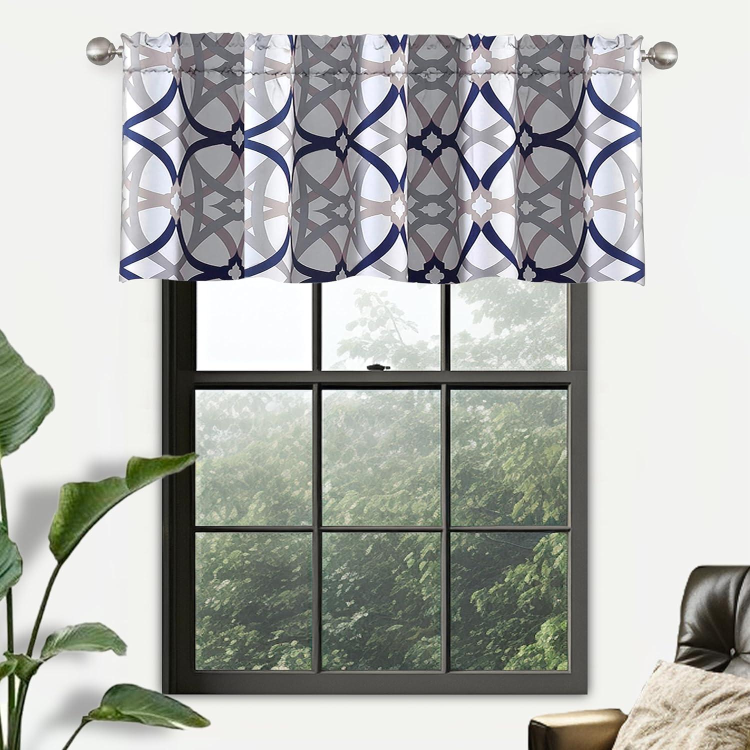 DriftAway Alexander Spiral Geo Trellis Pattern Window Curtain Valance Rod Pocket 52 Inch by 18 Inch Plus 2 Inch Header Navy and Gray 1 Pack