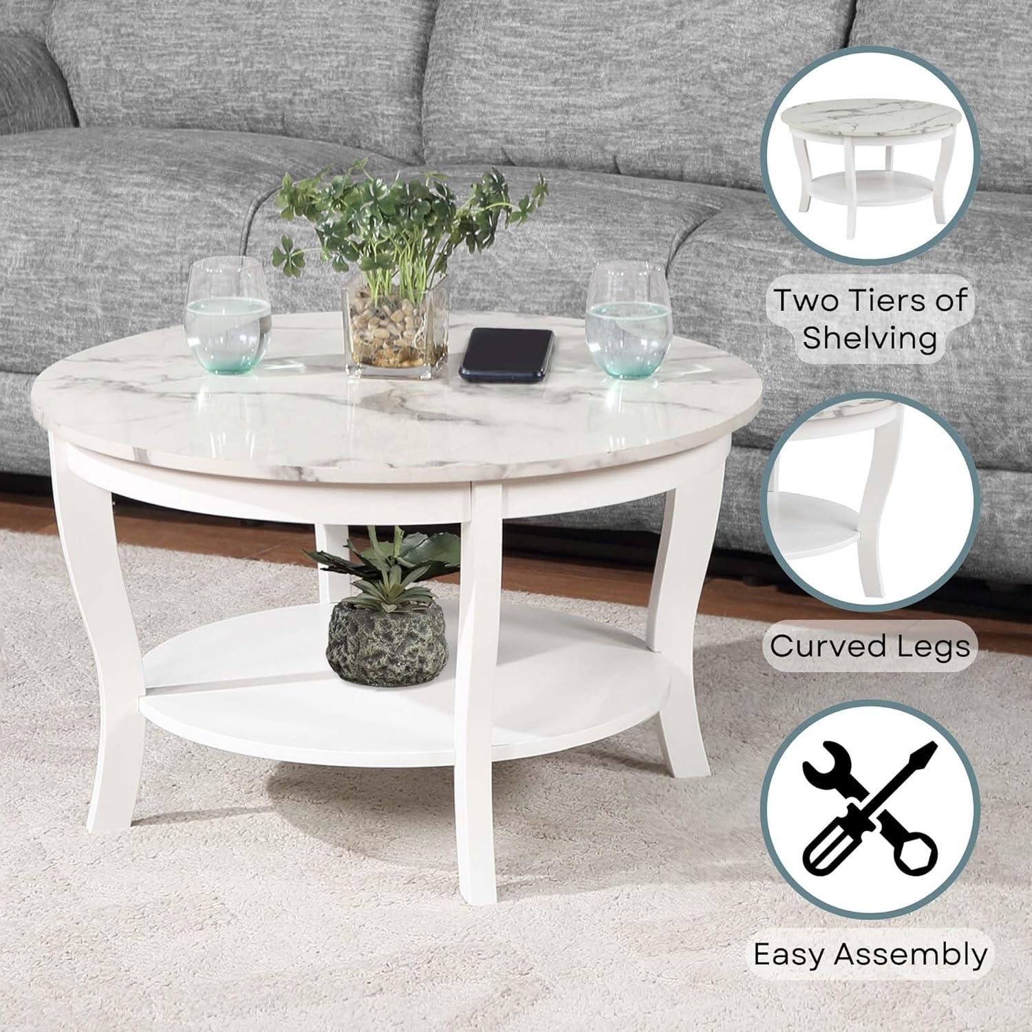 Convenience Concepts American Heritage Round Coffee Table with Shelf, White Faux Marble/White