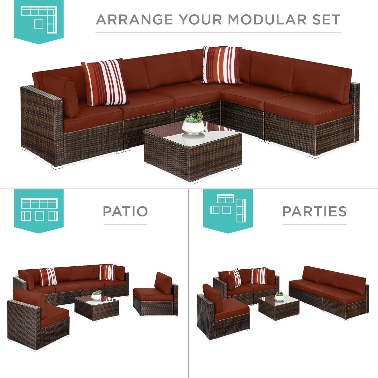 Best Choice Products 7-Piece Outdoor Modular Patio Conversation Furniture, Wicker Sectional Set - Brown/Dark Rust