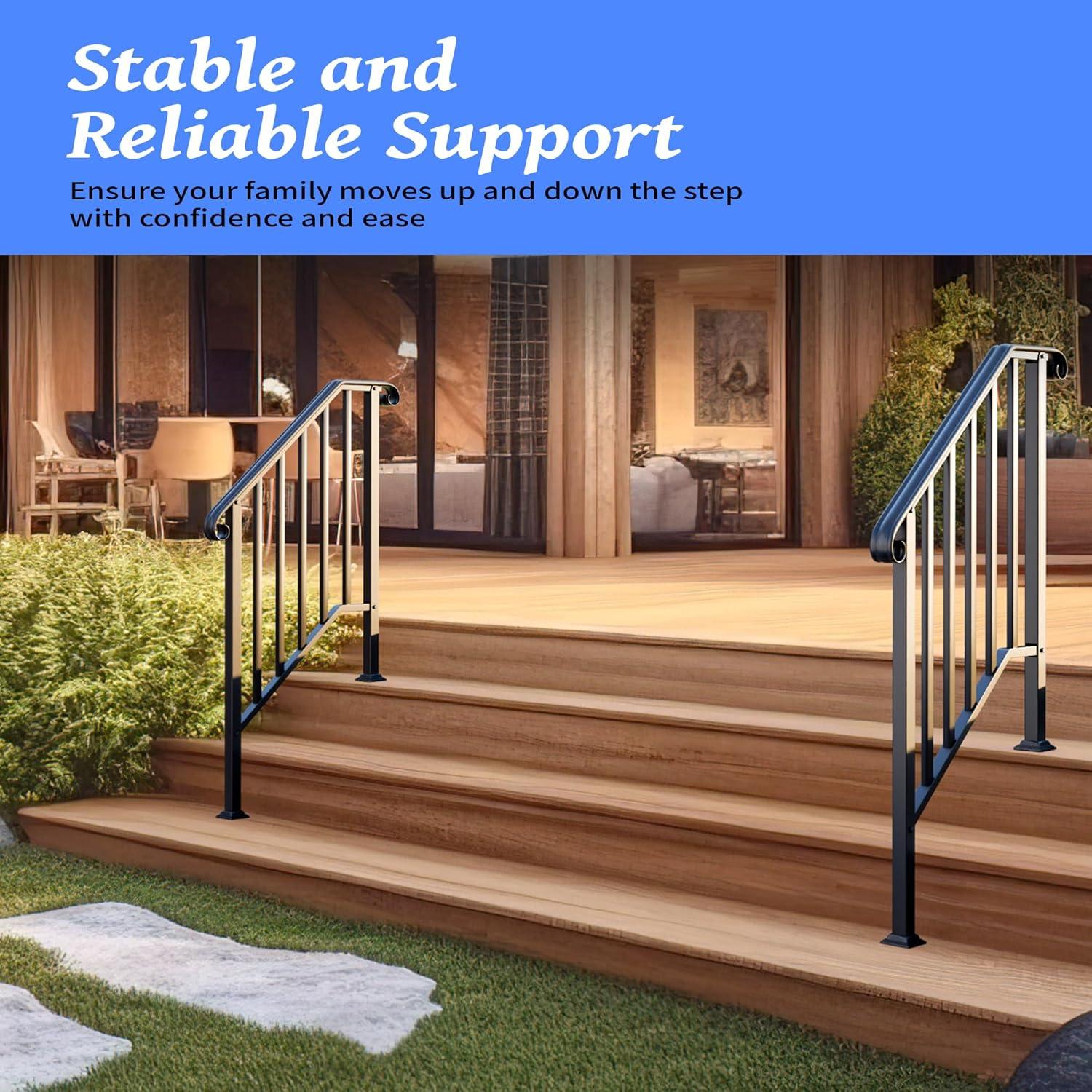 3 Step Handrails for Outdoor Steps, Wrought Iron Stair Railing Fits 2 or 3 Steps, Metal Hand Railing with Installation Kit, Staircase Handrails for Concrete, Porch, Deck, Exterior Steps, Black
