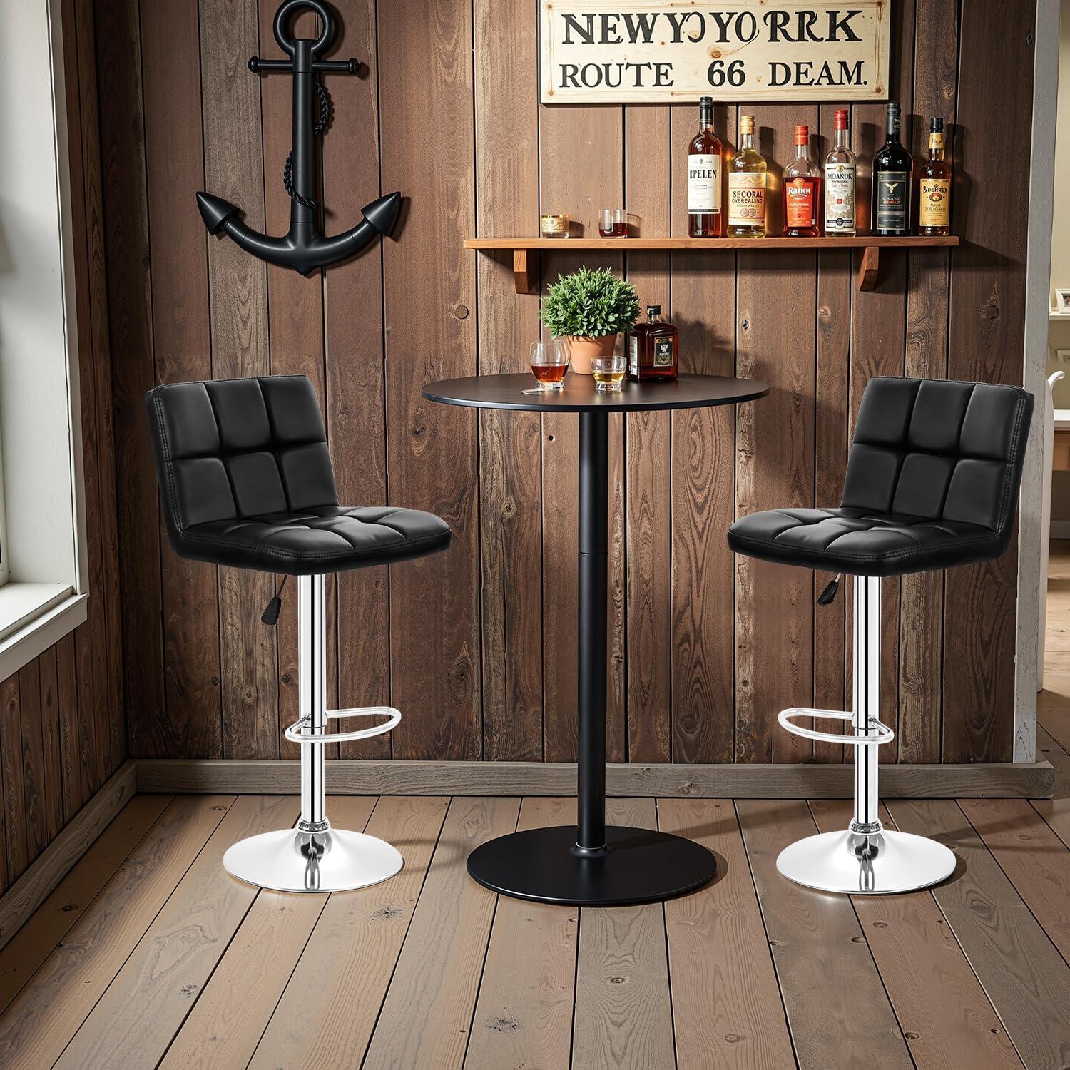 FDW Bar Stool Height Adjustable Swivel Stool with Back PU Leather Kitchen Counter Stools Set of 2 Dining Chairs, Black