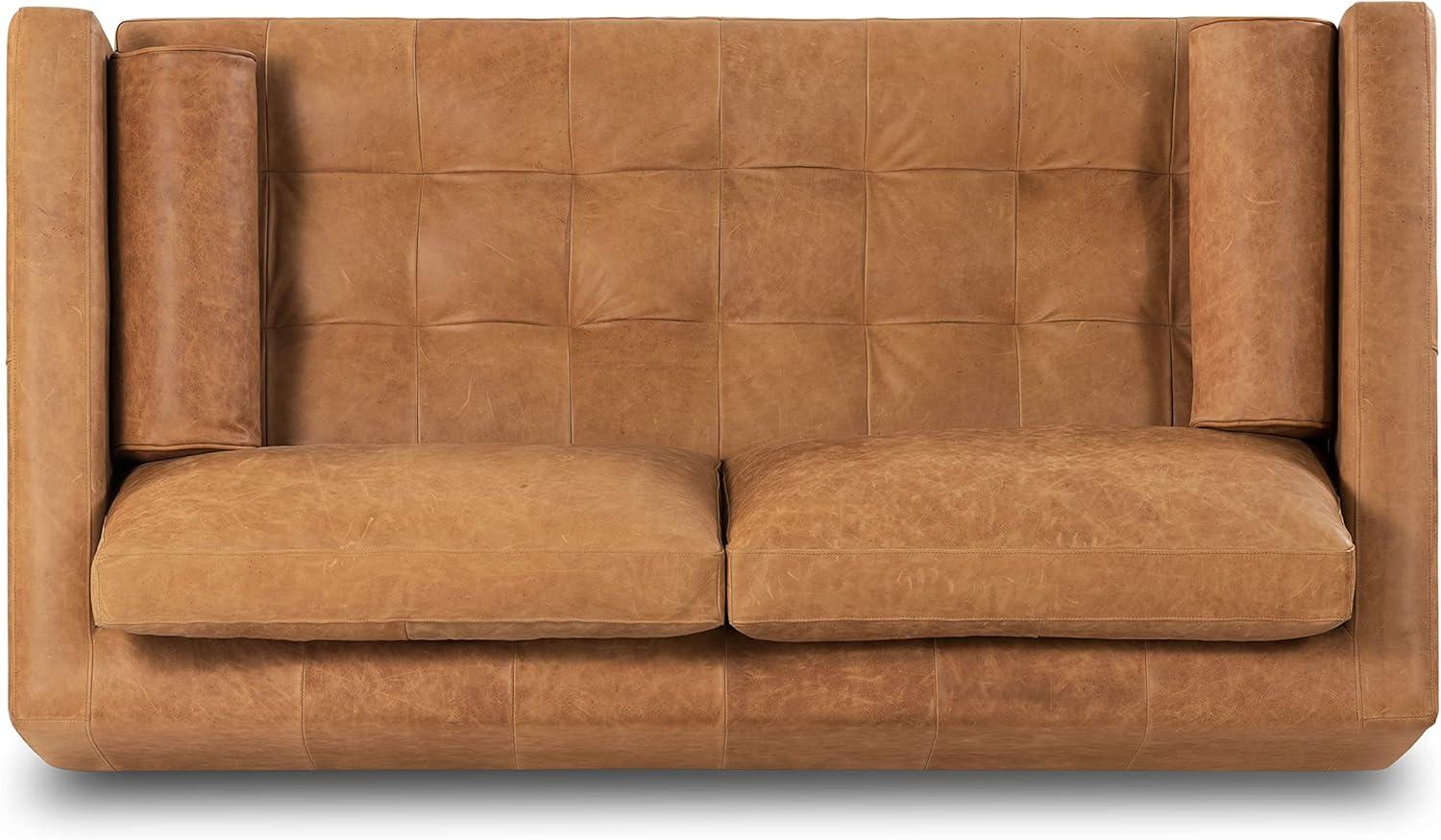 Cognac Tan Tufted Leather Lawson Sofa with Wood Legs