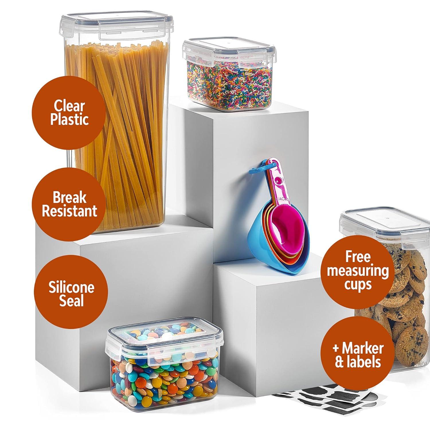 14 Pack Airtight Food Storage Container Set - BPA Free Clear Plastic Kitchen and Pantry Organization Canisters with Durable Lids for Cereal, Dry Food Flour & Sugar - Labels, Marker & Spoon Set