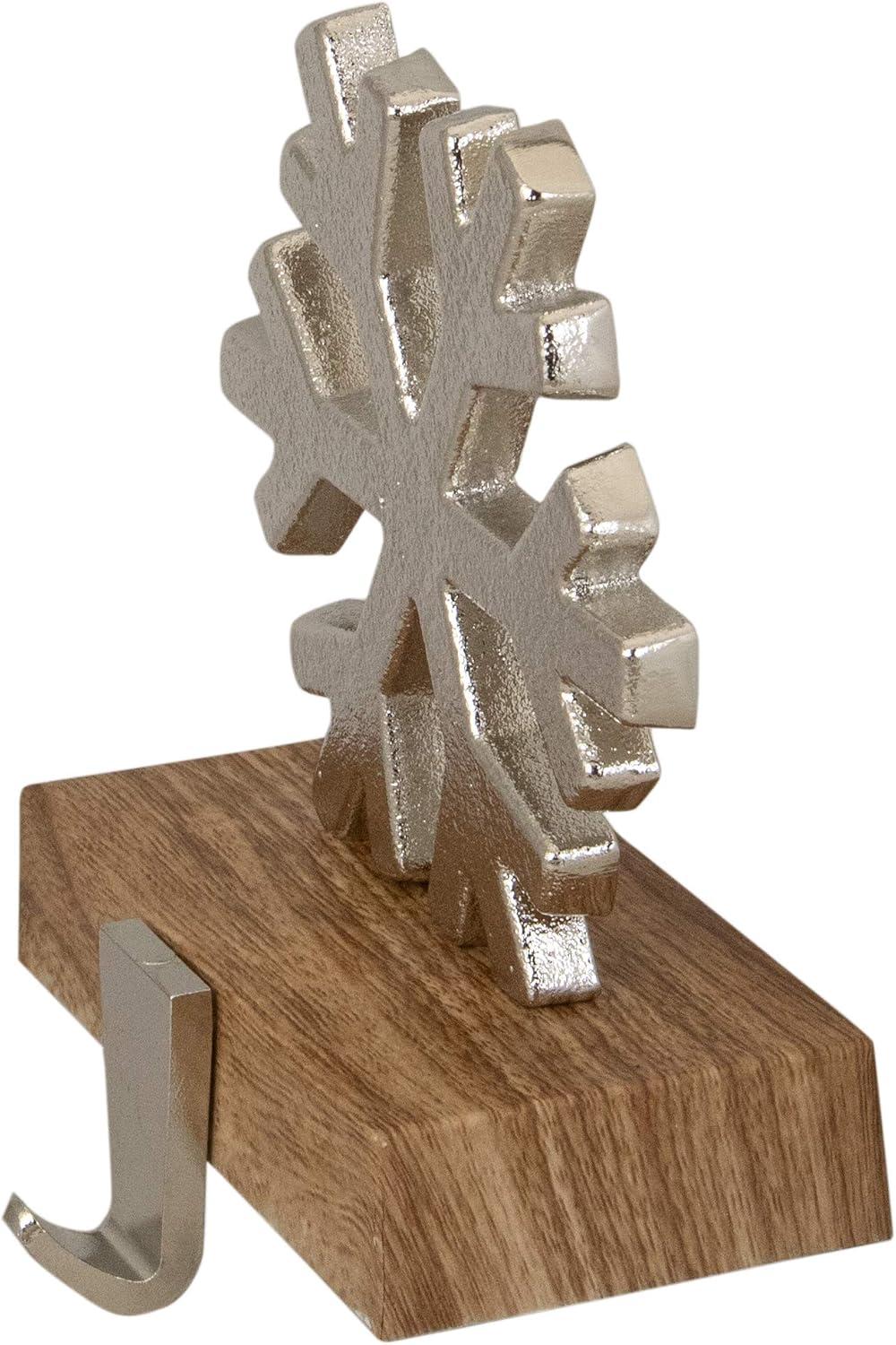 Northlight 6" Silver Snowflake on Wood Look Base Christmas Stocking Holder