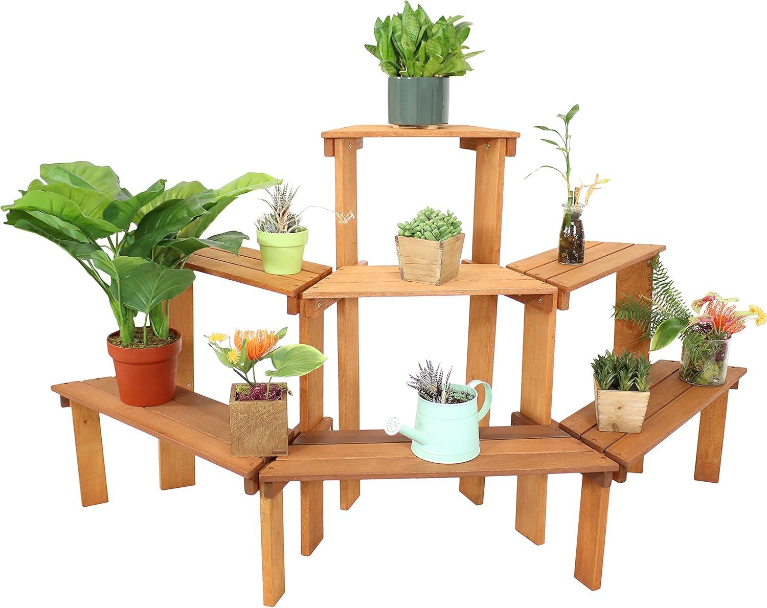 Sunnydaze Outdoor Meranti Wood with Teak Oil Finish 3-Tiered Flower Plant Stand - 36" - Brown