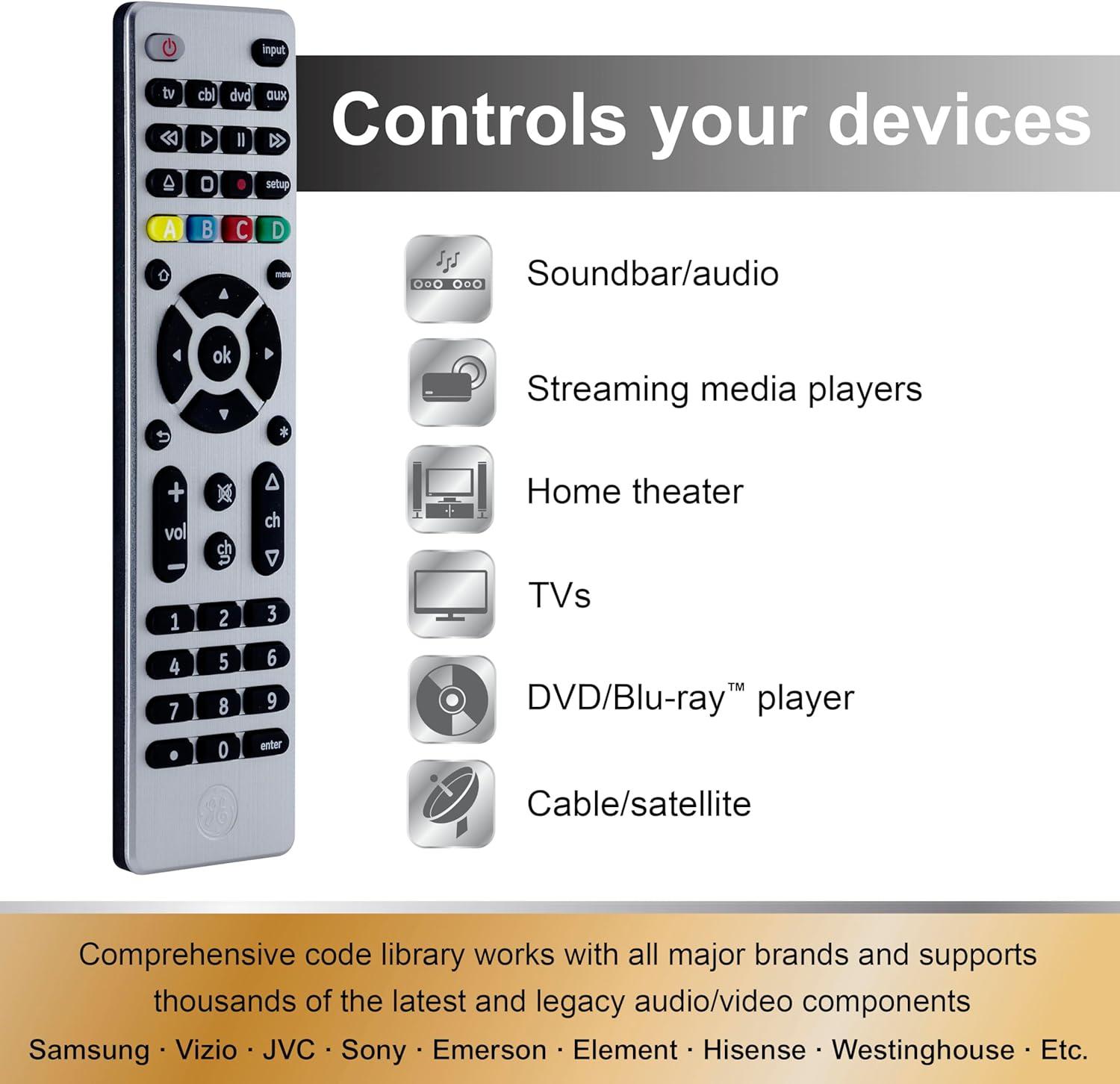 GE 4-Device Universal TV Remote Control in Brushed Silver, 33709