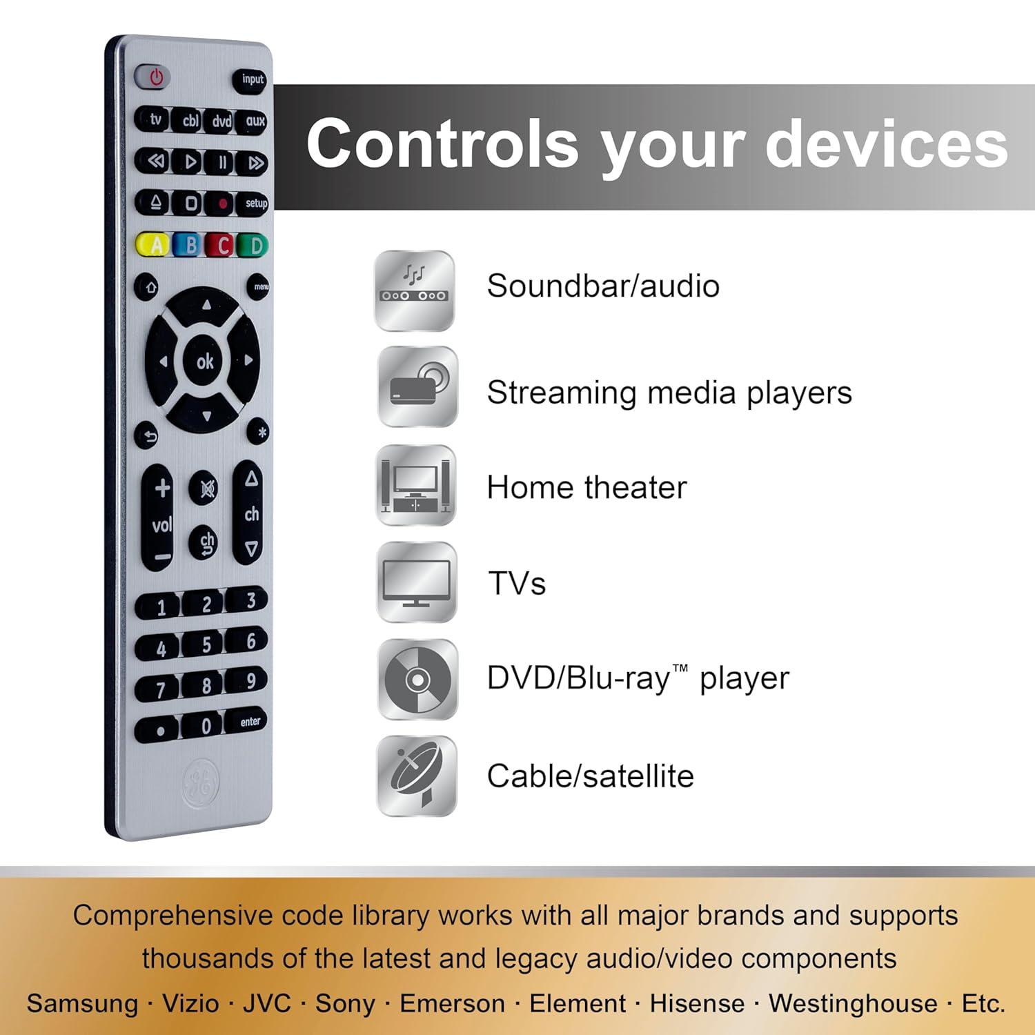 GE 4-Device Universal TV Remote Control in Brushed Silver, 33709