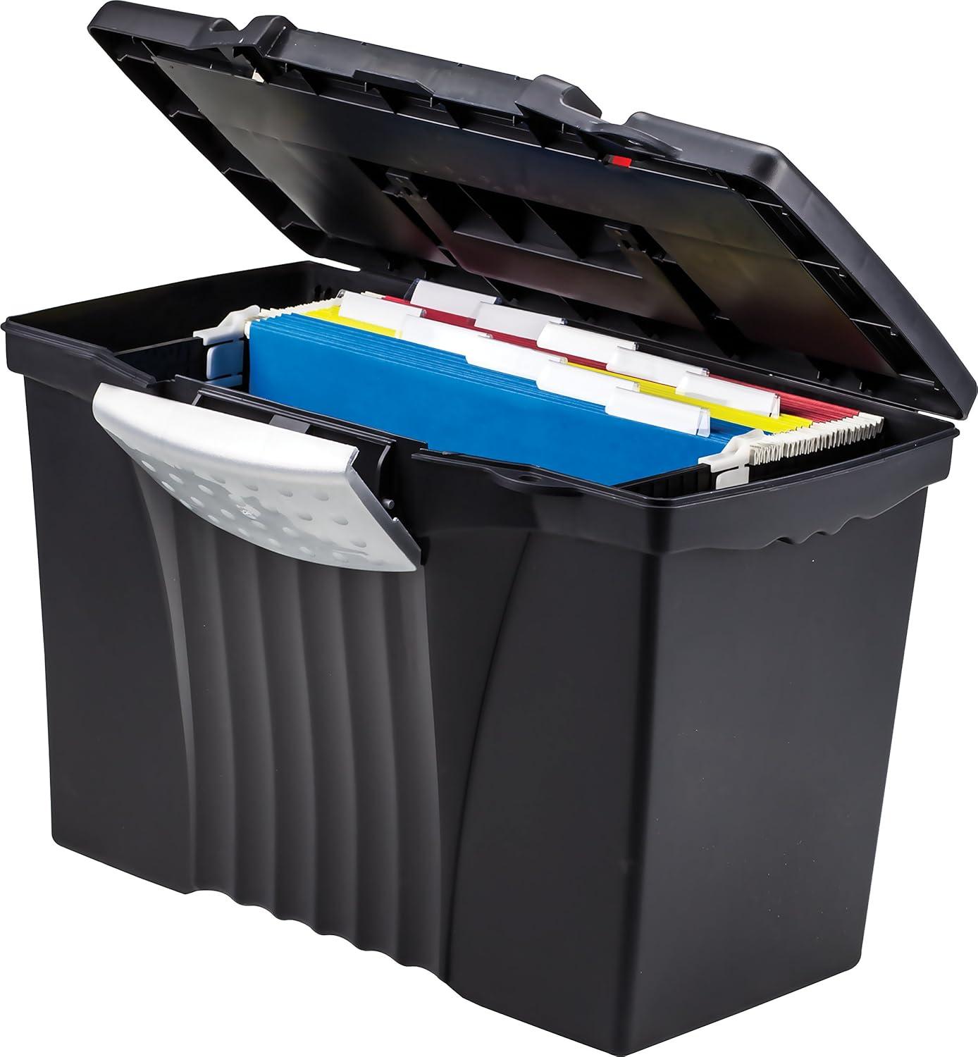 Storex Portable File Box with Organizer Lid, Letter/Legal, Black