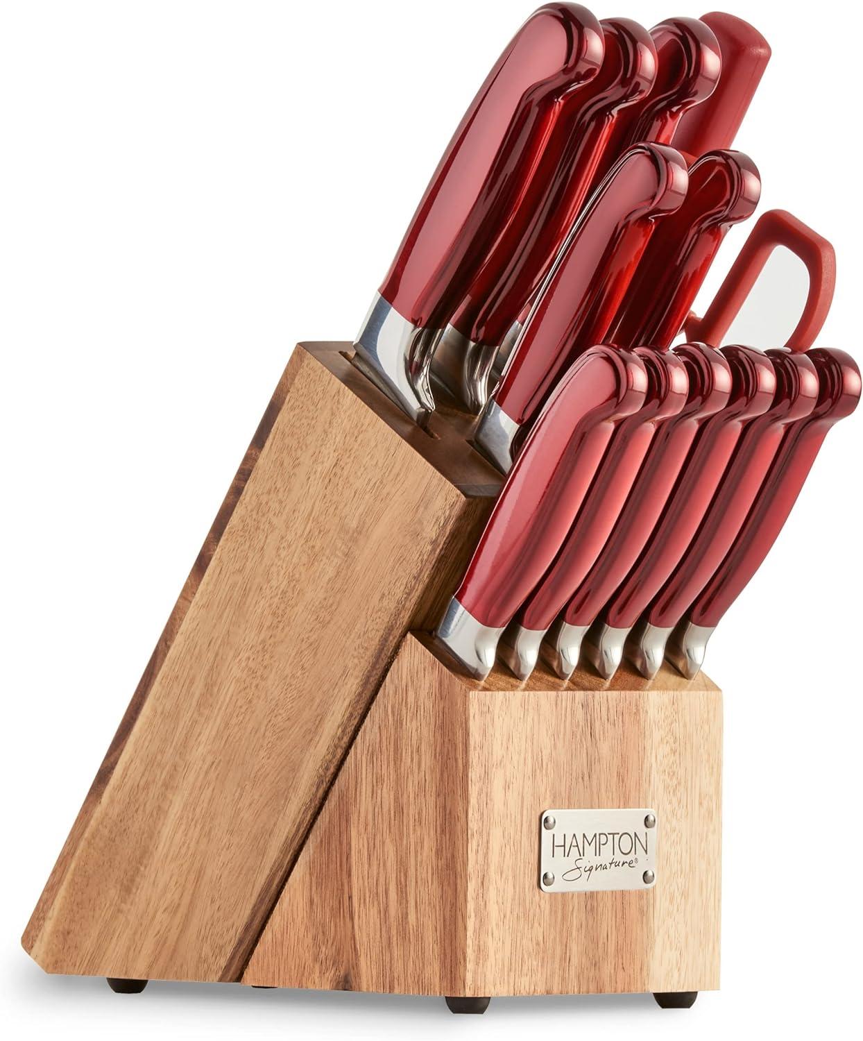 Rorik 14-Piece Red Stainless Steel Knife Block Set with Acacia Wood