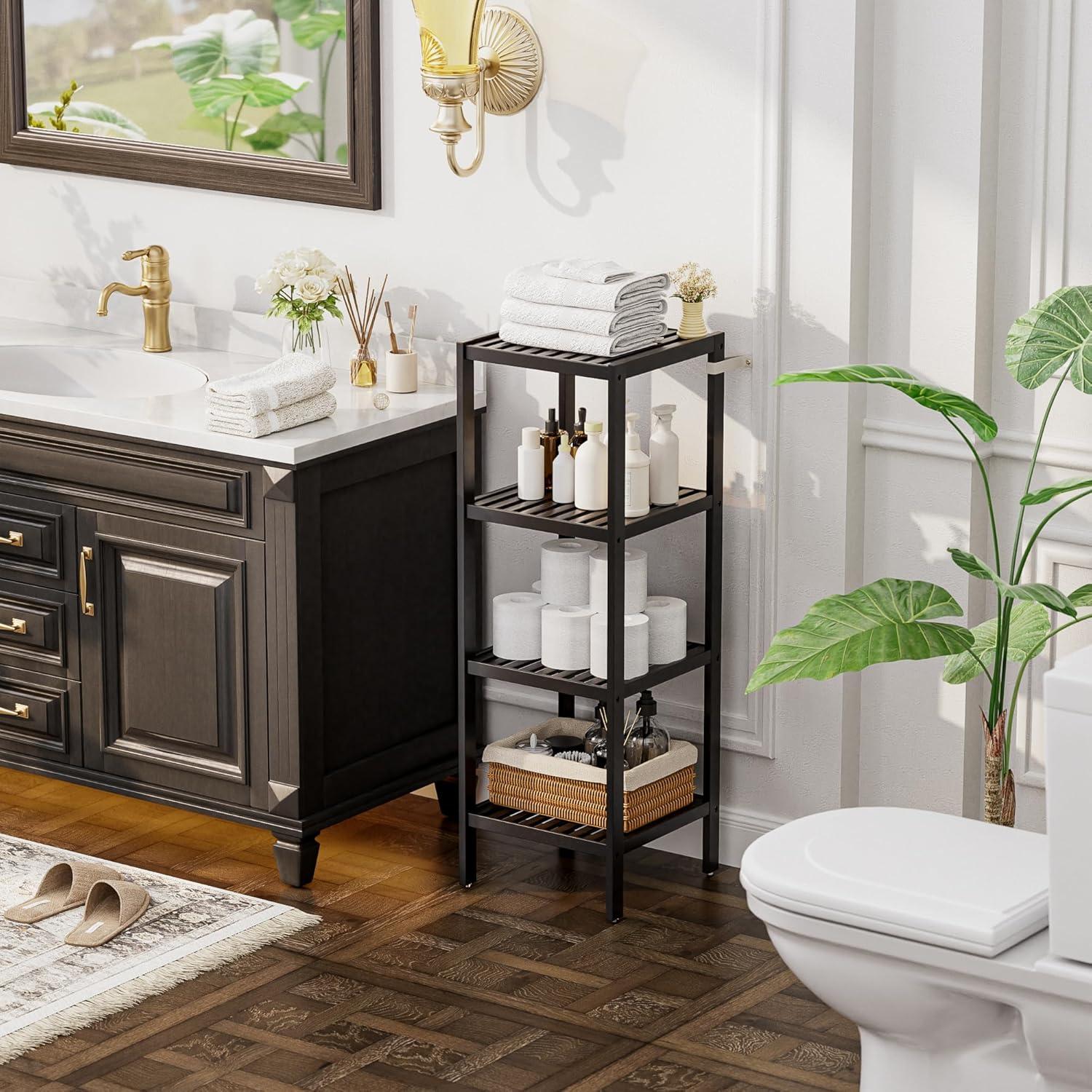 Bathroom Storage Shelf, 4-Tier Bamboo Rack Organizer, Multifunctional Shelving Unit For Living Room Bedroom Kitchen (Black)