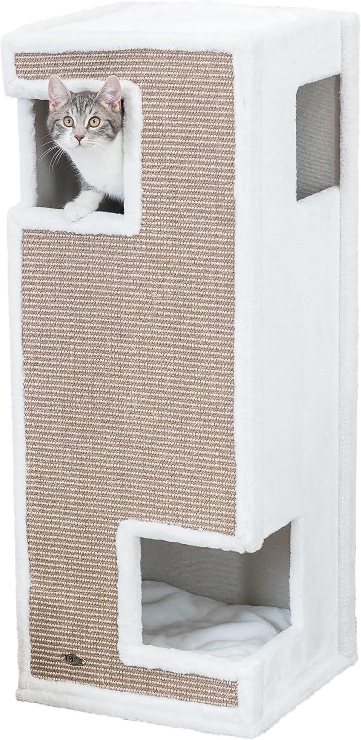 TRIXIE Gerardo Plush & Sisal 3-Story 39.4" Cat Condo Tower with Removable Cushions, Brown-White