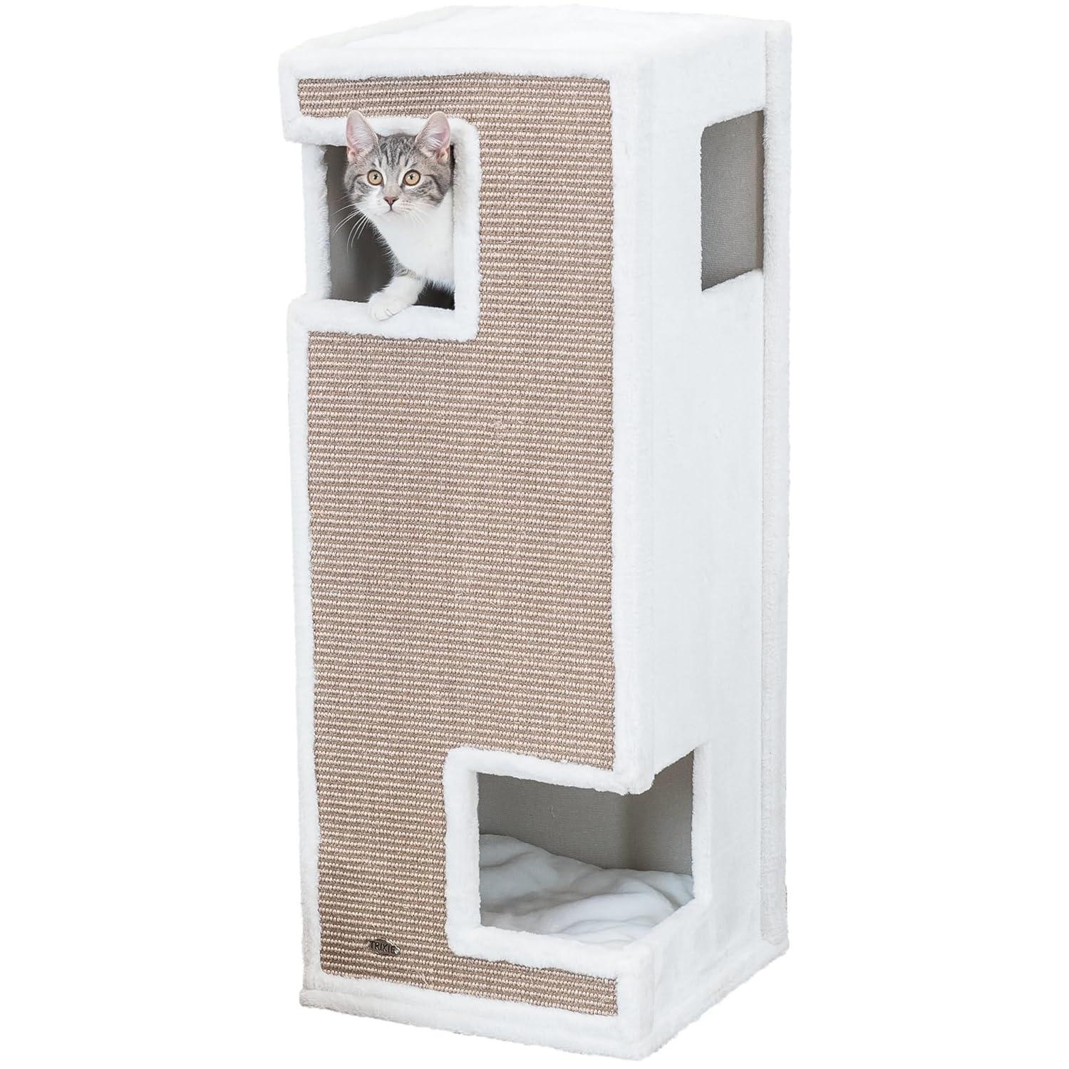 TRIXIE Gerardo Plush & Sisal 3-Story 39.4" Cat Condo Tower with Removable Cushions, Brown-White