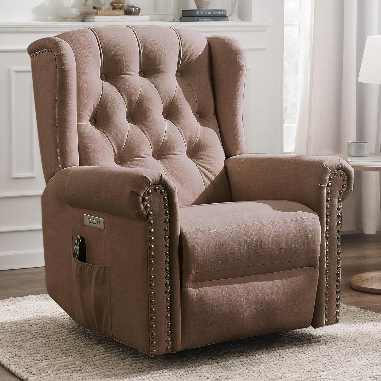 MEETWARM Meetwarm Power Swivel Rocking Glider Recliner Chair With Heat And Vibration, Electric Rocker Nursery Reclining Chair, Wingback Tufted Upholstered Recliner For Living Room, Type-C & Usb Ports