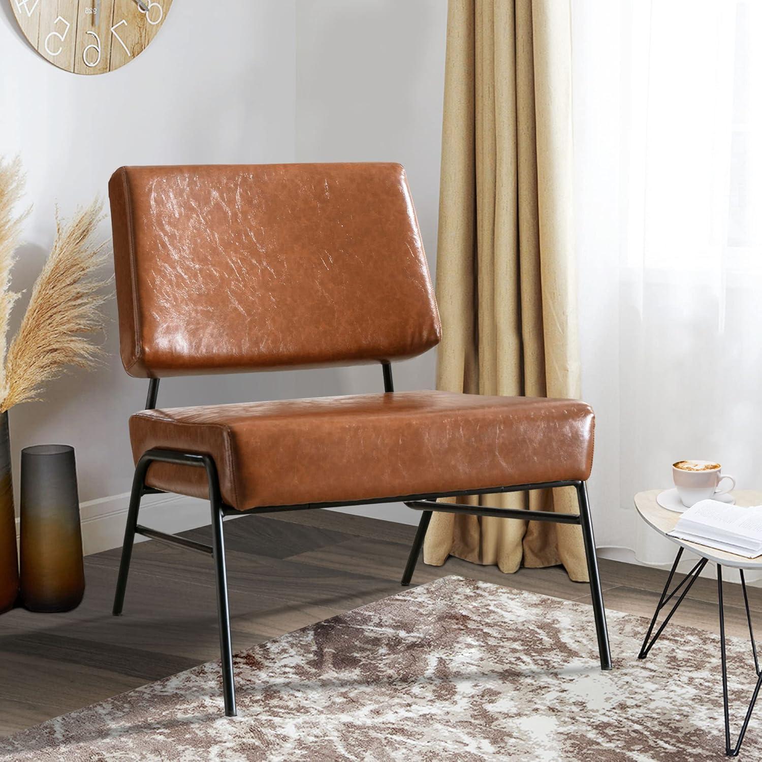 AWQM Faux Leather Accent Chair, Mid-Century Modern Armless Lounge Chair with Metal Frame Upholstered Waiting Room Chair,Office Chair Single Sofa Chairs for Living Room Bedroom,Brown