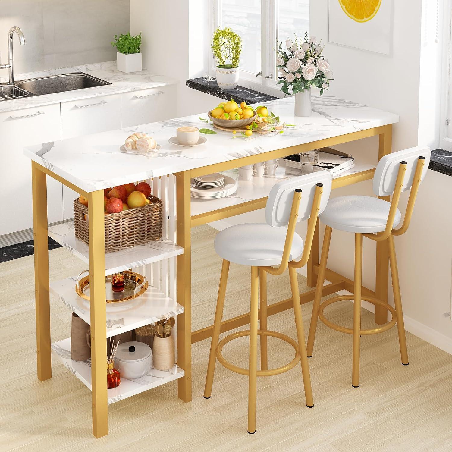 Bar Table and Stools with 3 Shelves, White Faux Marble Table with 2 PU Cushion Bar Stools for Home & Kitchen