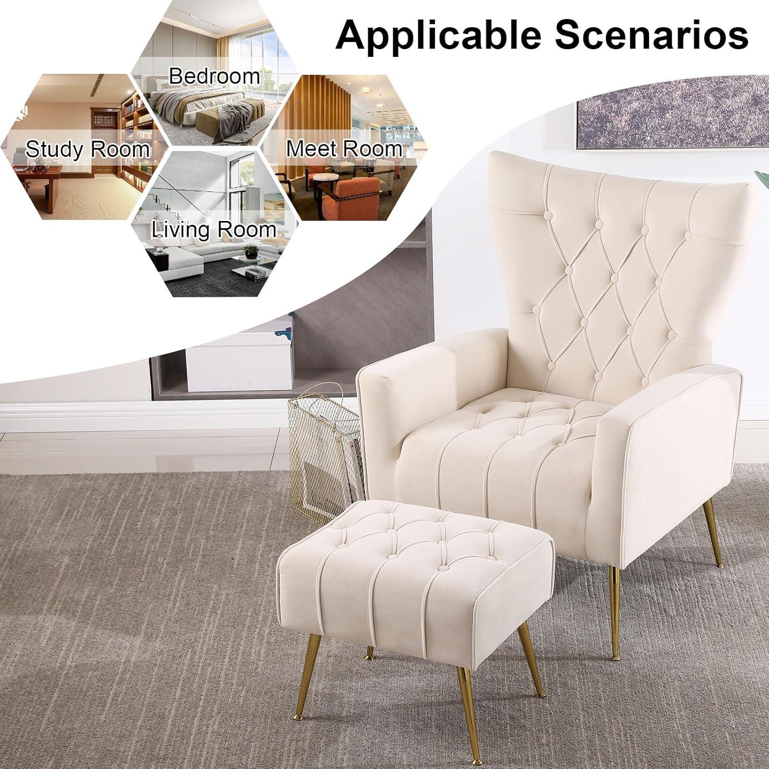 Ouyessir Velvet Accent Chair with Ottoman Comfy Armchair with Button Tufted Back and Metal Legs for Living Room Bedroom Apartment Office