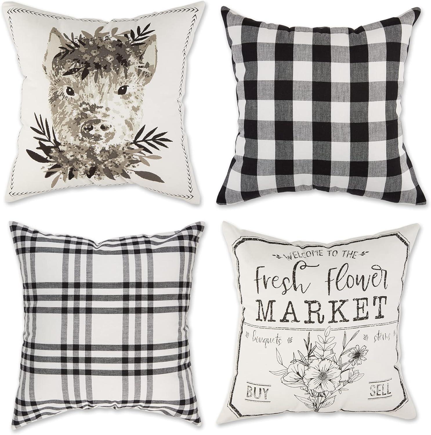 4pk 18"x18" Pig and Flower Market Farmhouse Check and Printed Square Throw Pillow Covers White - Design Imports: Cotton, Hidden Zipper