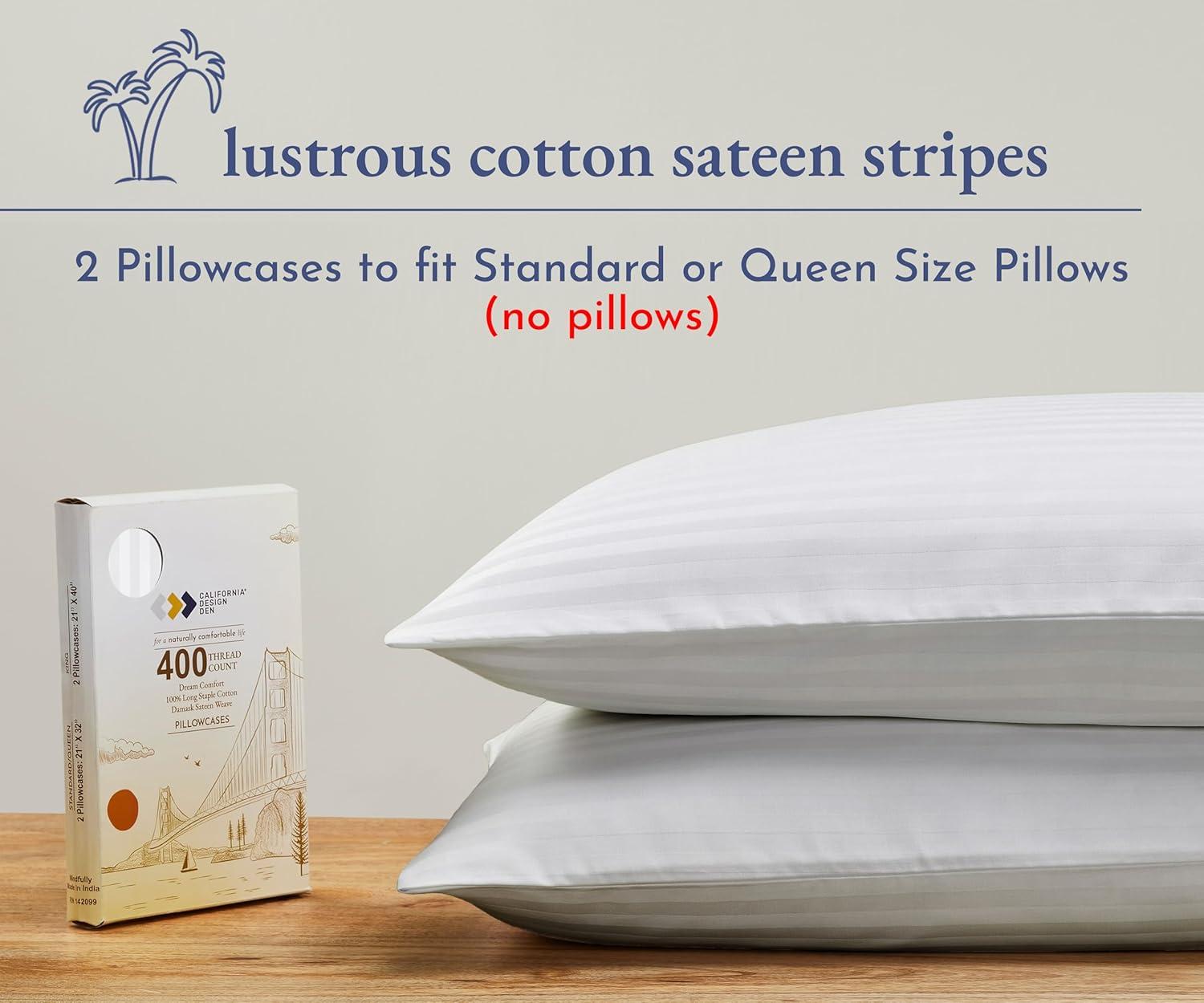 Striped White Cotton Sateen Standard/Queen Pillowcases, 400 Thread Count