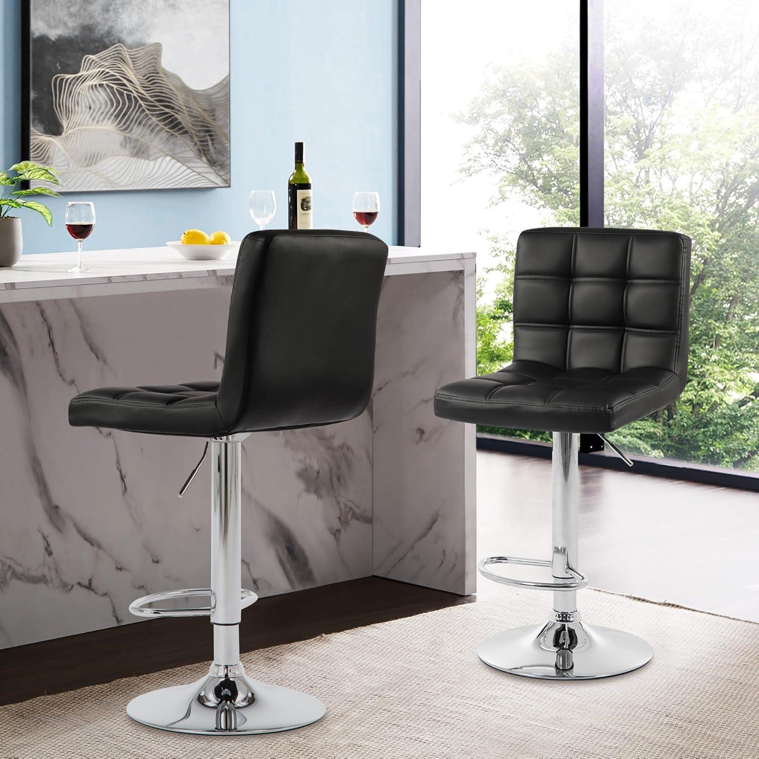 Barstools Set of 2 Counter Height Bar Stools Height Adjustable Back PU Leather Swivel Stools Hydraulic Swivel Dining Chairs for Kitchen Bar Restaurant Living Room, Black