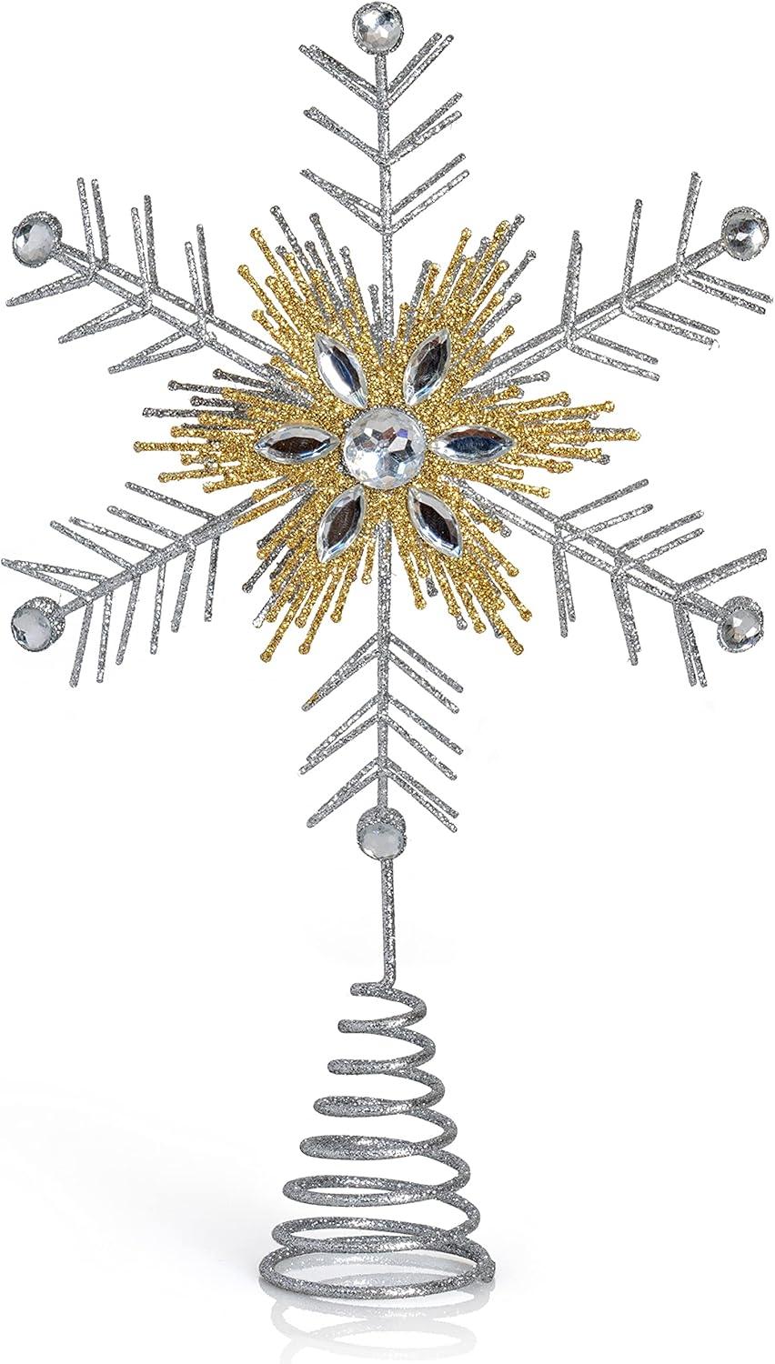 Silver and Gold Glitter Snowflake Tree Topper with Gems