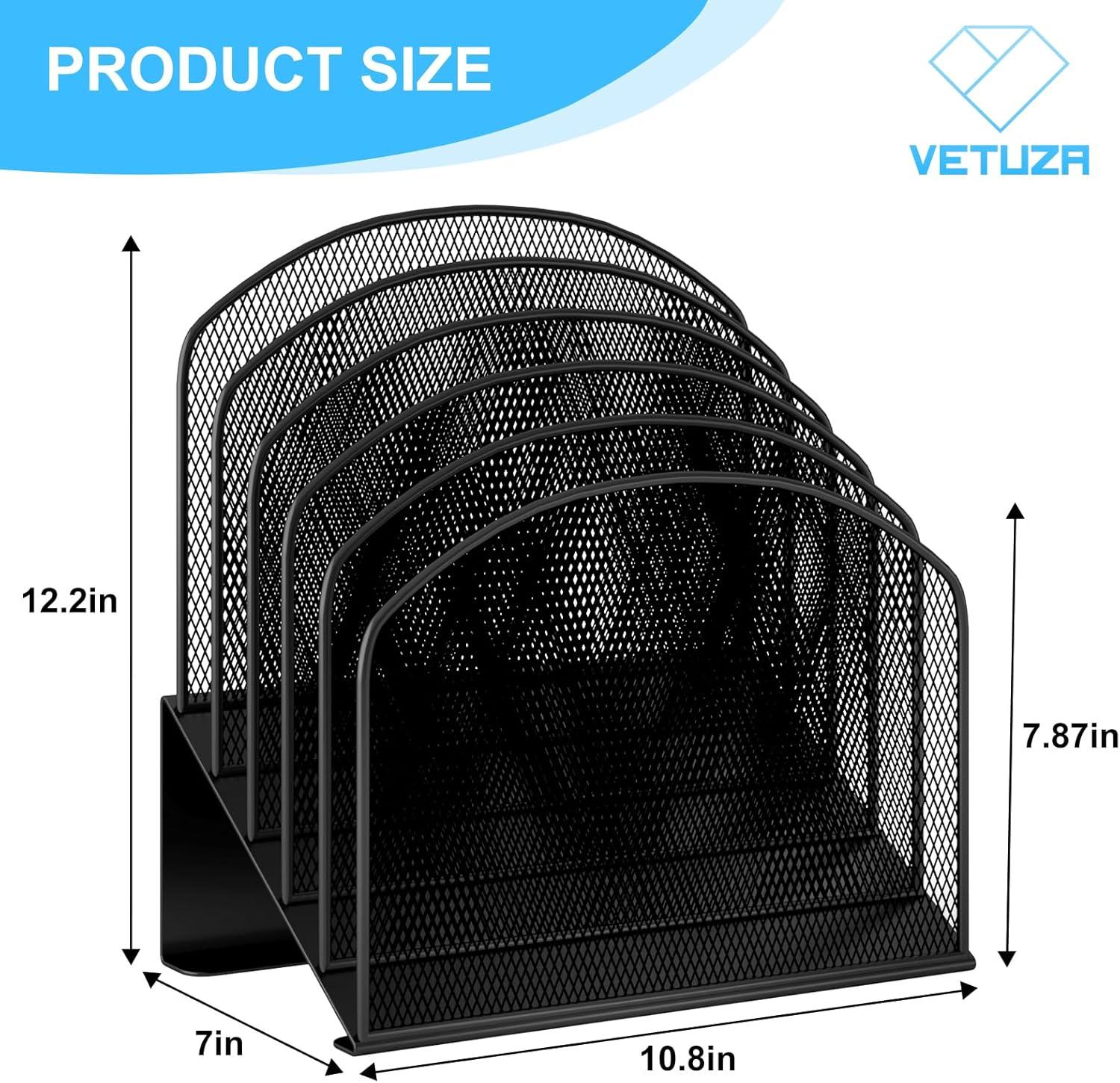 Black Metal Mesh Vertical Desktop File Organizer with 5 Dividers