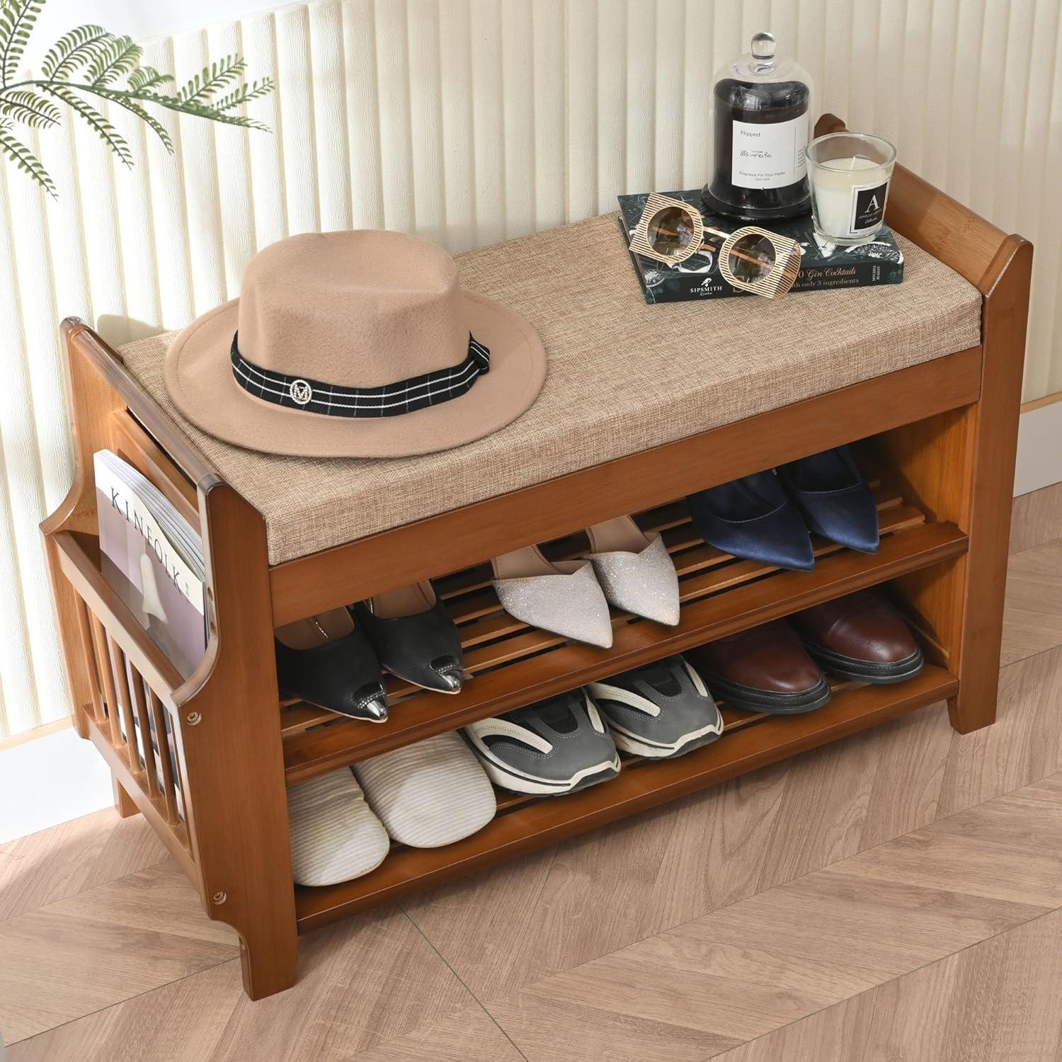 Bamboo 2-Tier Shoe Storage Bench with Hidden Drawer