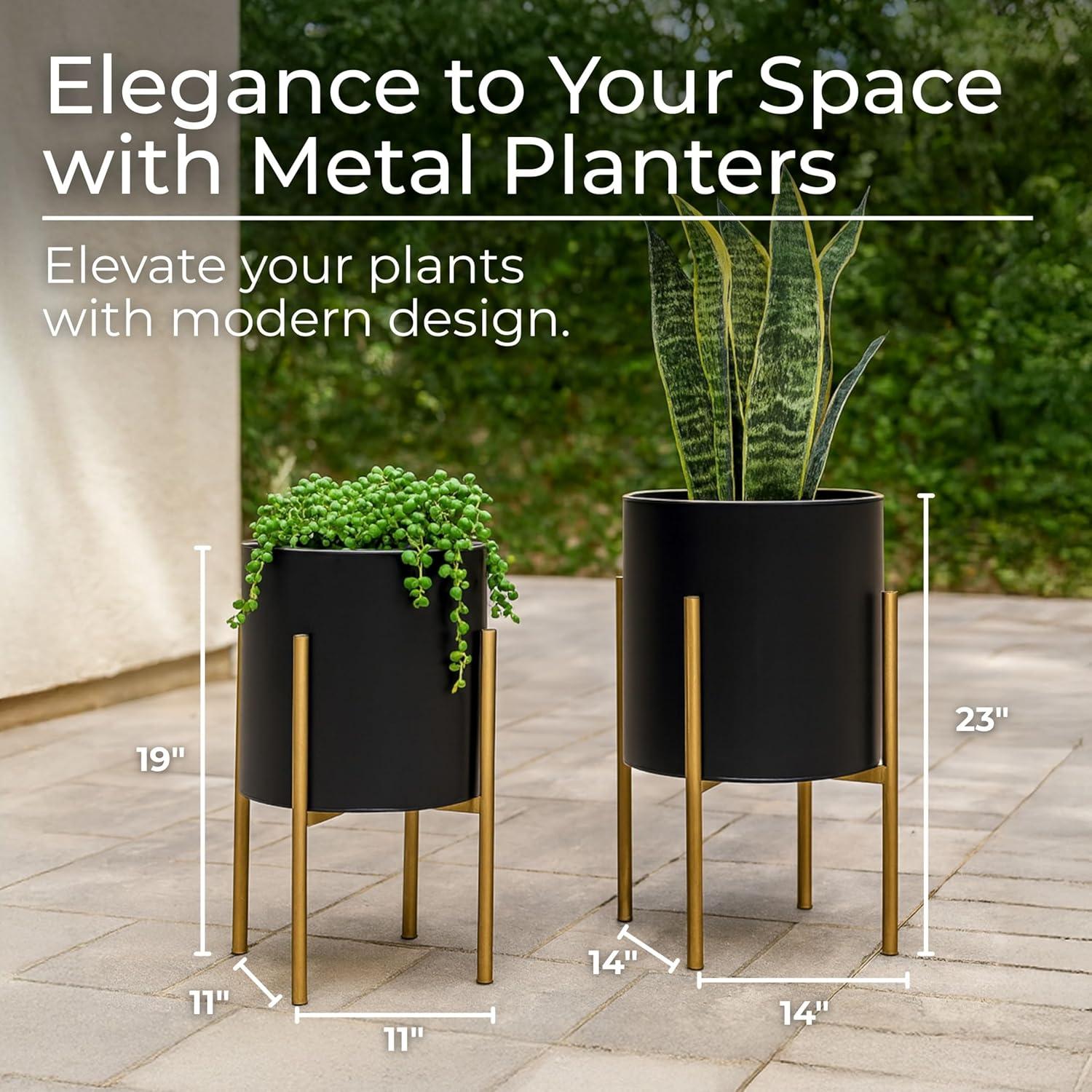 Sagebrook Home Set Of 2 Honeycomb Planter On Metal Stand, Black/Gold, Round, Iron, Contemporary, 23"H, Hexagon