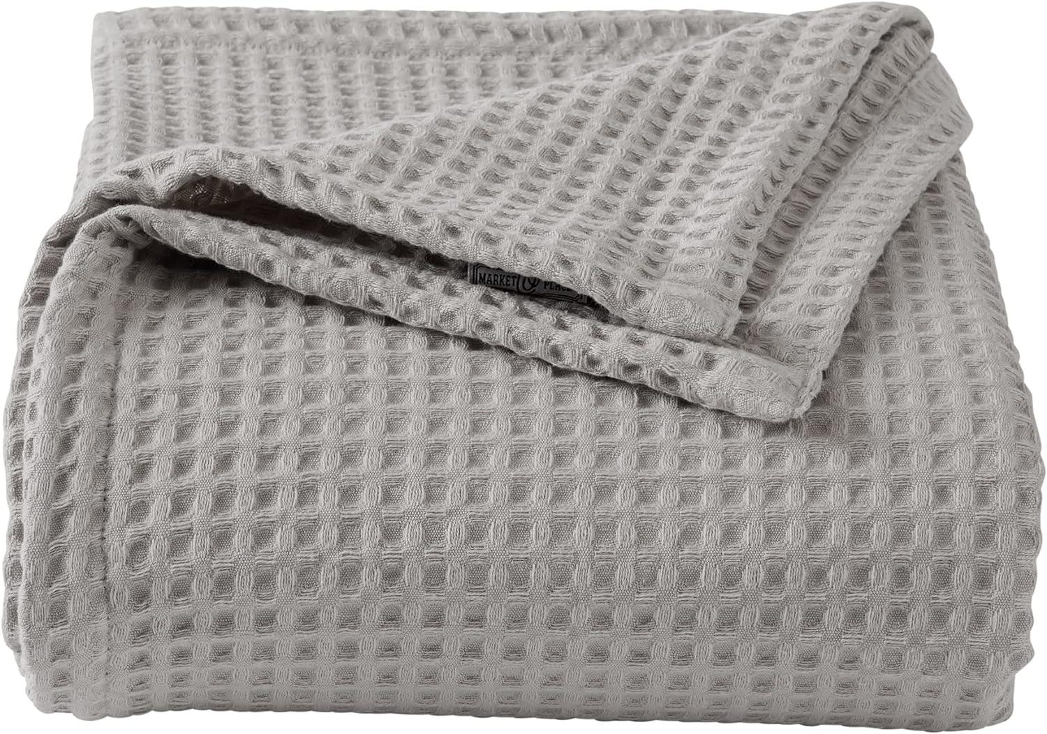 Market & Place 100% Cotton Waffle Weave Bed Blanket Full/Queen Light Grey